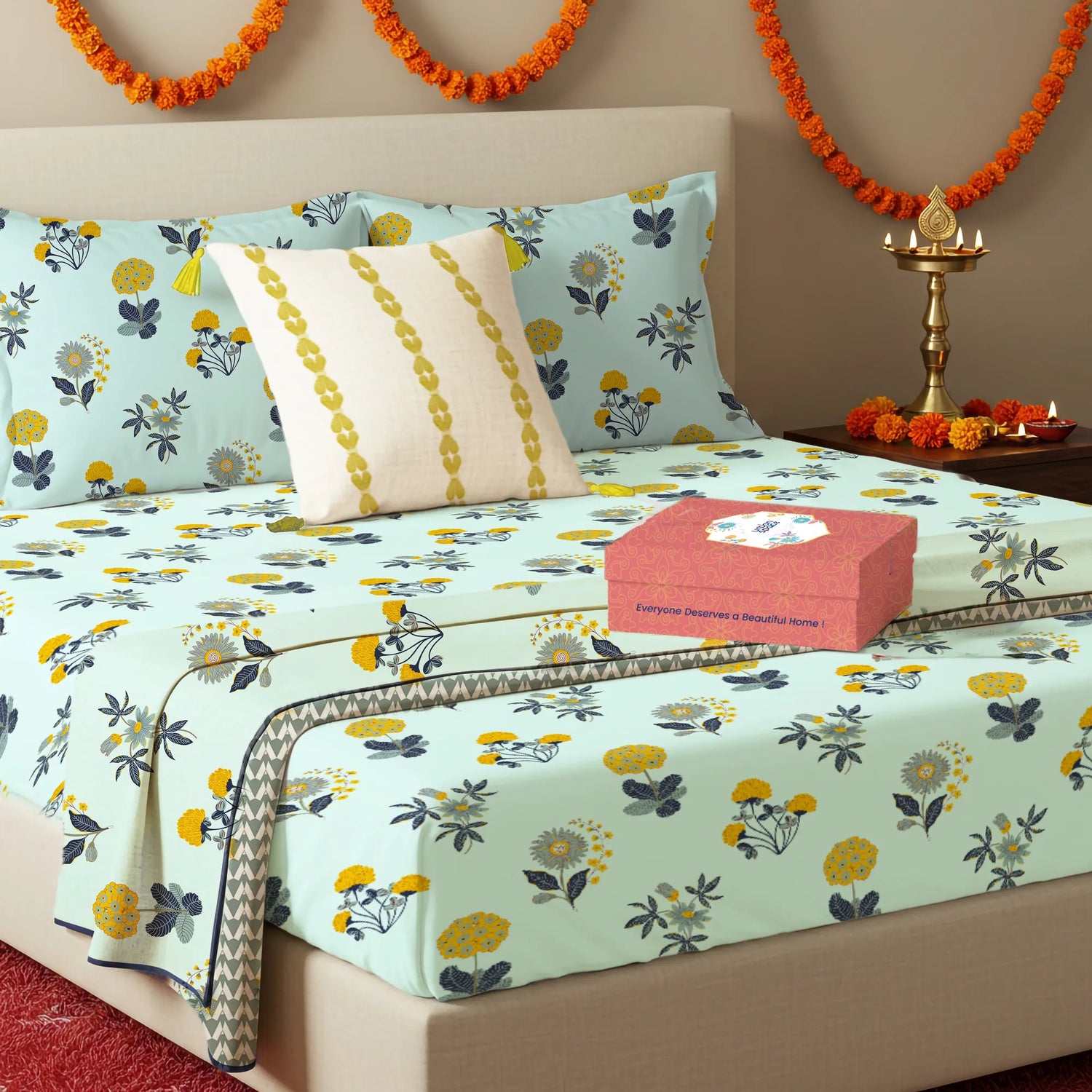 6 Pc Cotton Bedding Set in Gift Box, Radiance Sky Blue