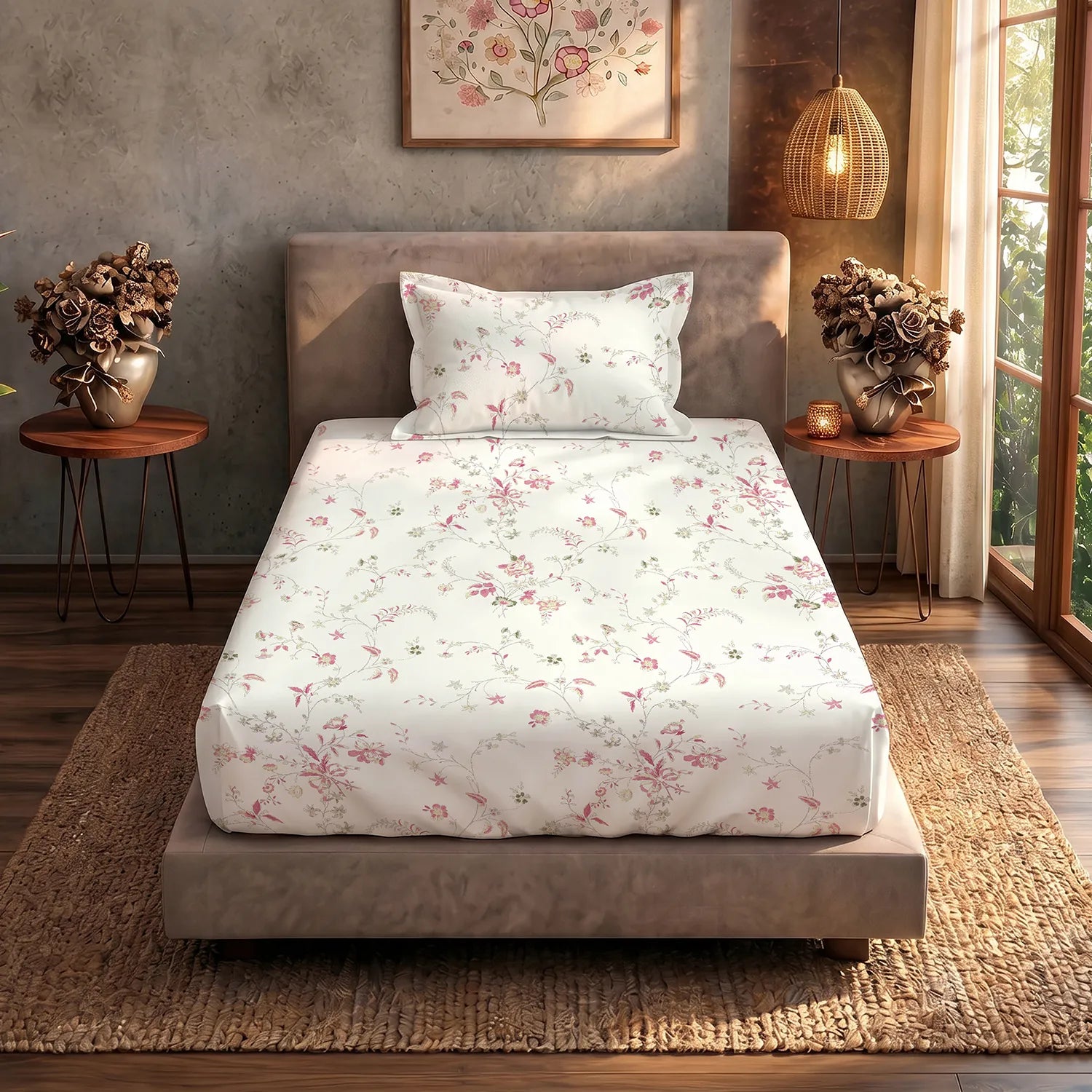 Serene 200 TC 100% Cotton Single Bedsheet with Pillow Covers - Bloom Pearls Pink