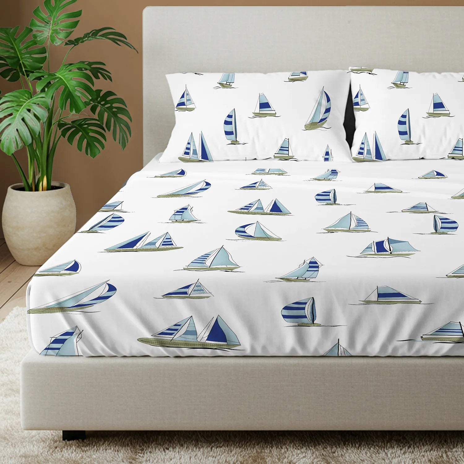 Divine Collection - Cotton Bedsheet With 2 Pillow Covers, Ocean Boats Blue
