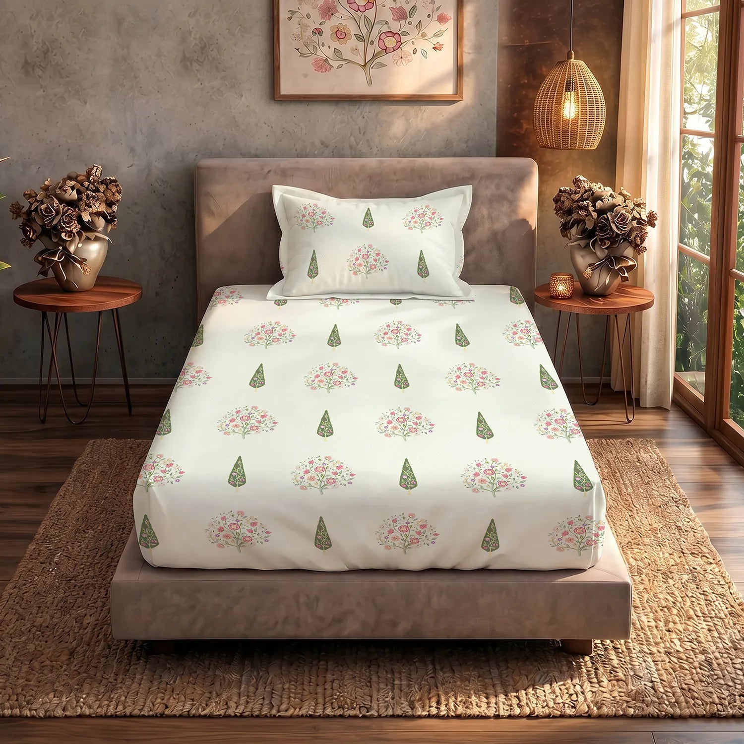 Serene 200 TC 100% Cotton Single Bedsheet with Pillow Covers - Kings Bloom