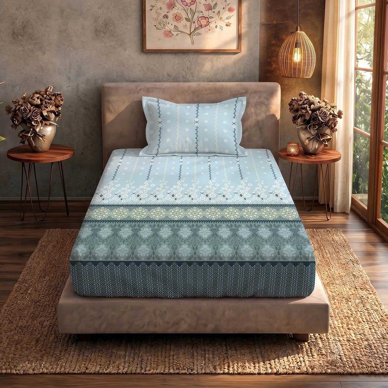 Serene 200 TC 100% Cotton Single Bedsheet with Pillow Covers - Origami Teal Grey