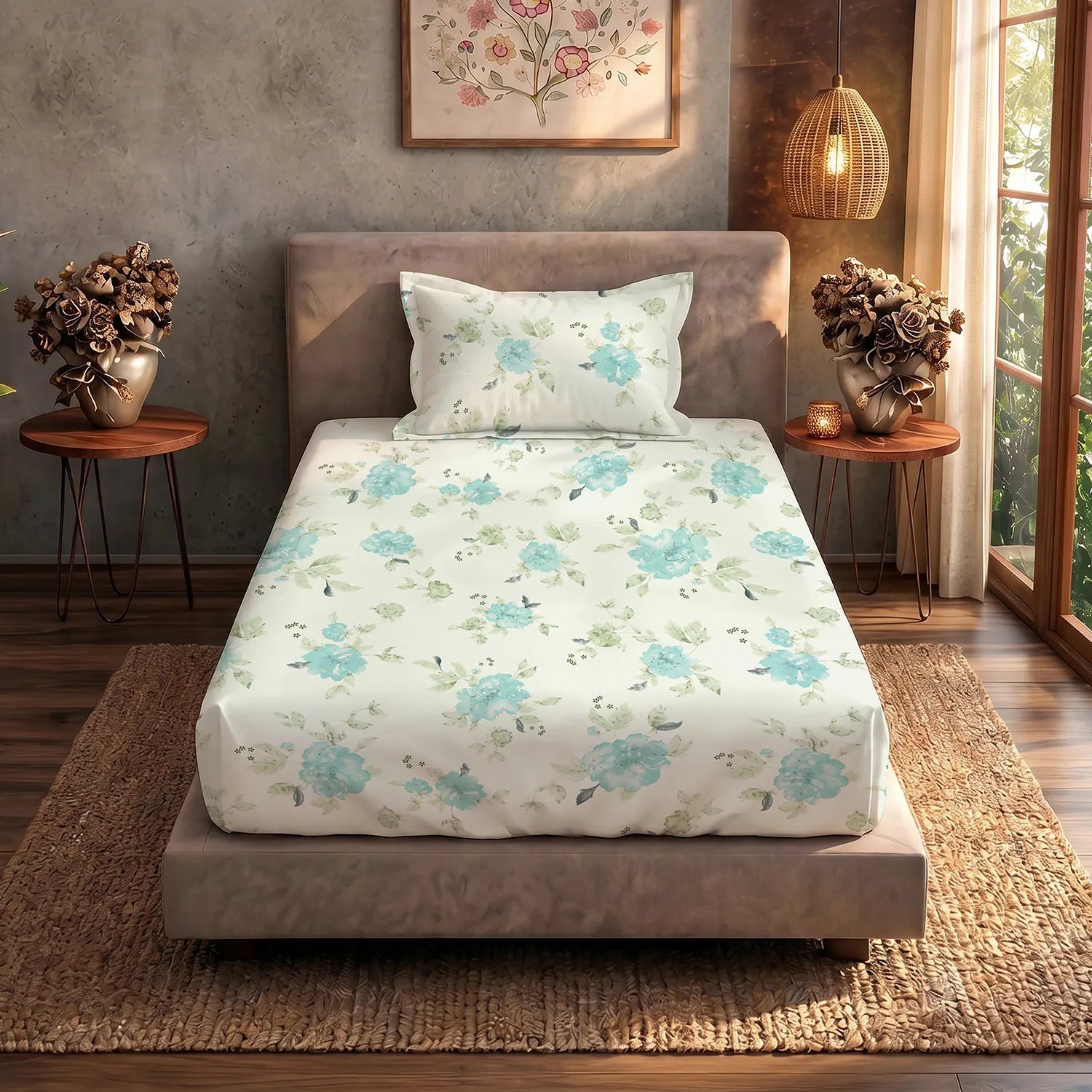 Serene 200 TC 100% Cotton Single Bedsheet with Pillow Covers - Sapphire Soft Aqua