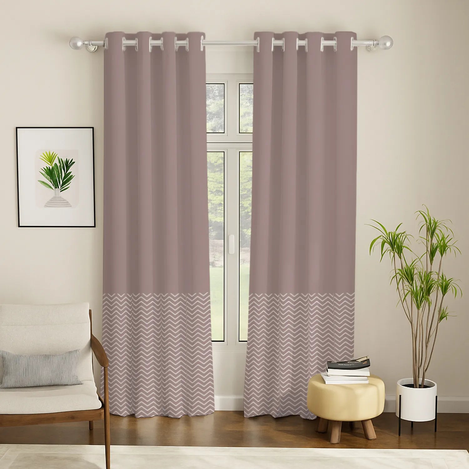 100% Cotton Panel Curtains for Living Room, Bedroom Curtains, Pack of 2 Curtains - Chevron Block Soft Mauve