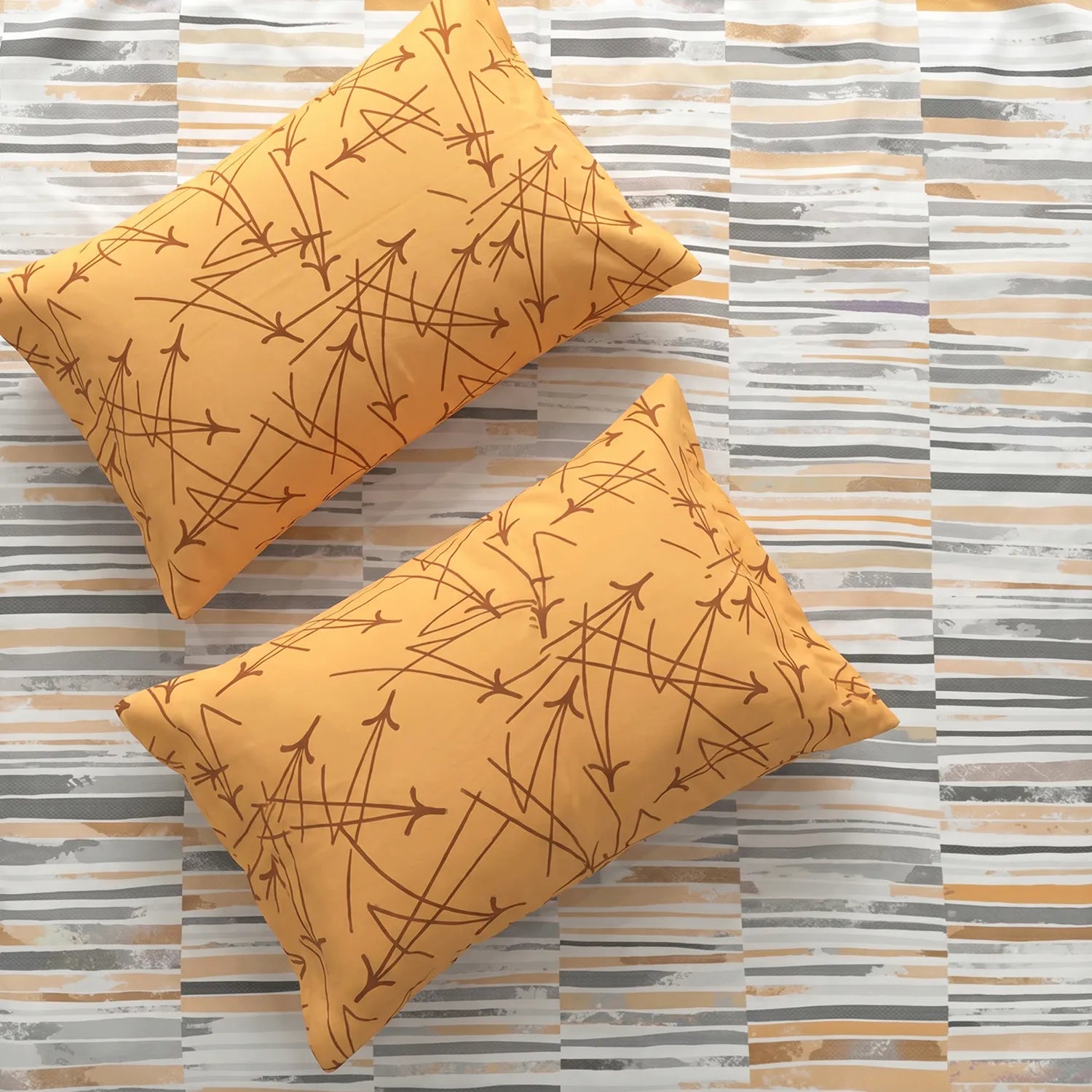 Divine Collection - Cotton Bedsheet With 2 Pillow Covers, Stripes Mustard