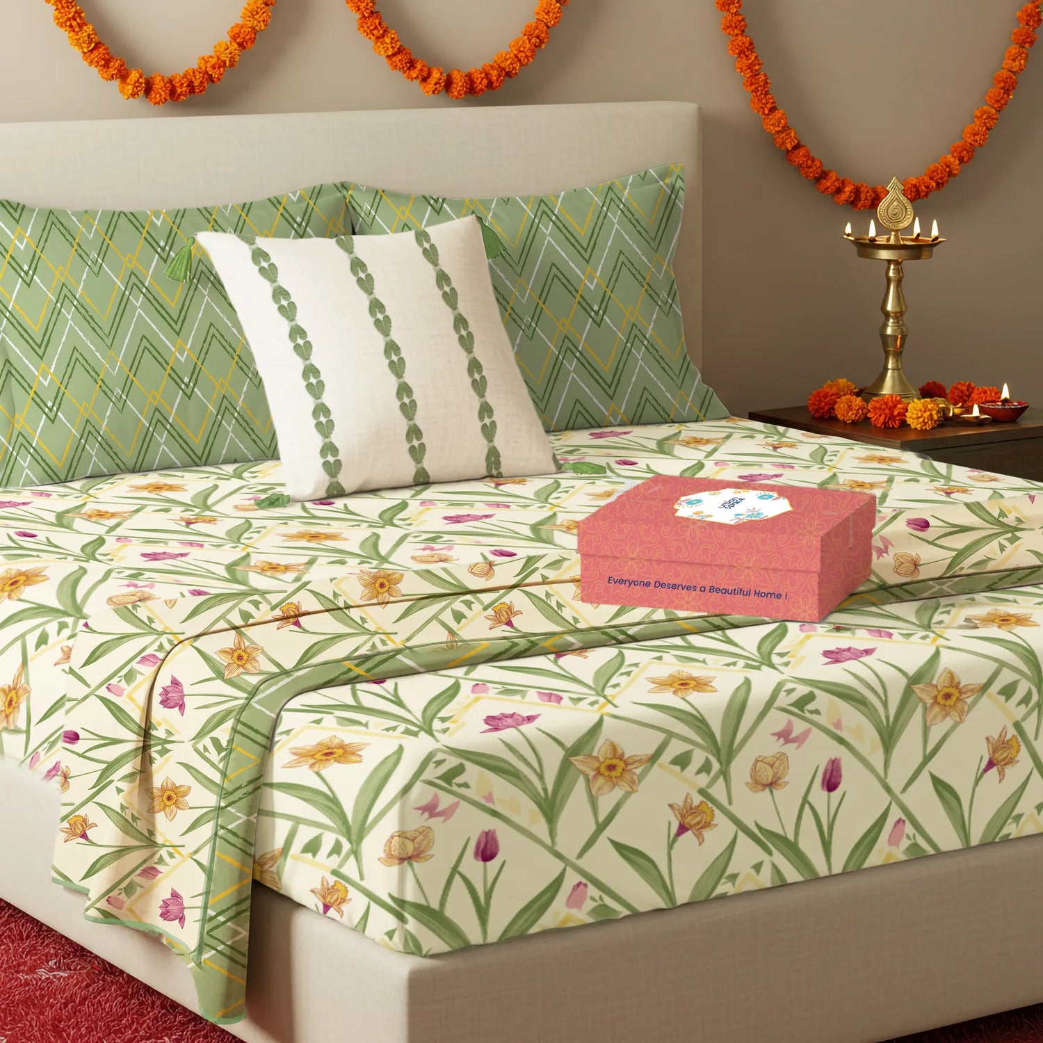 6 Pc Cotton Bedding Set in Gift Box, Spring Sage Green