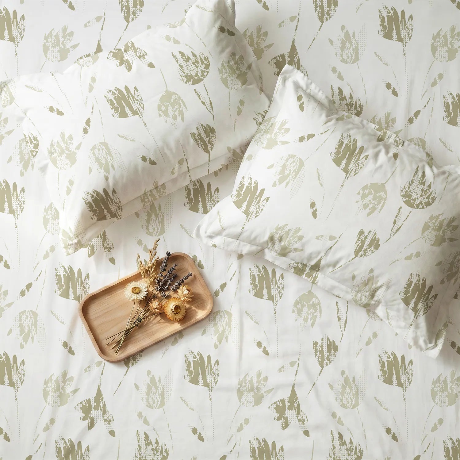 Serene 200 TC 100% Cotton Bedsheet with Pillow Covers - Frosted Tulips Olive Gray