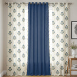 Set of three cotton curtains with two cream panels featuring blue floral prints and a solid navy blue center panel.
