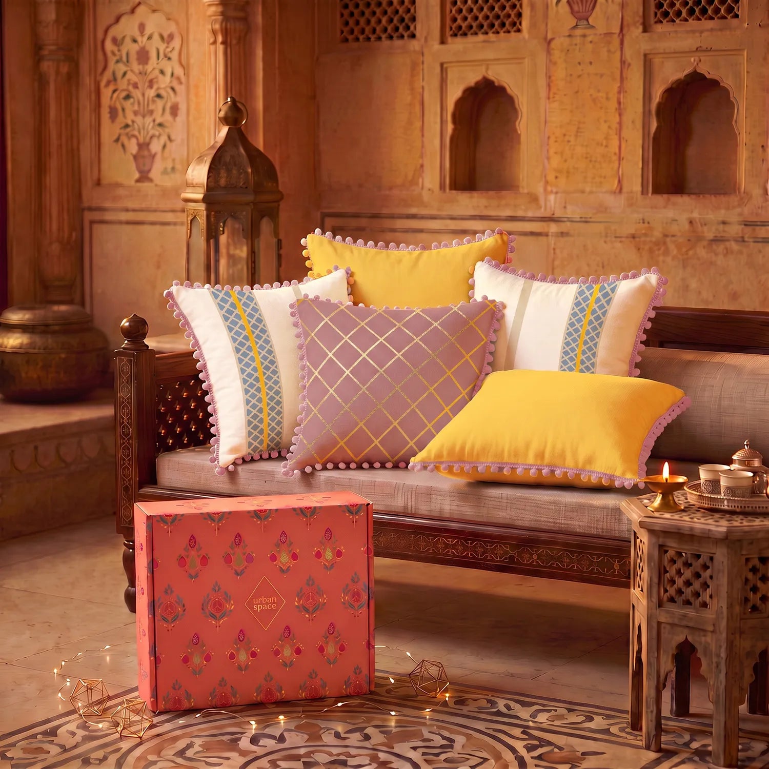 Set of 5 Foil Printed Cotton Cushion Covers in Giftbox - Zari & Aura Yellow