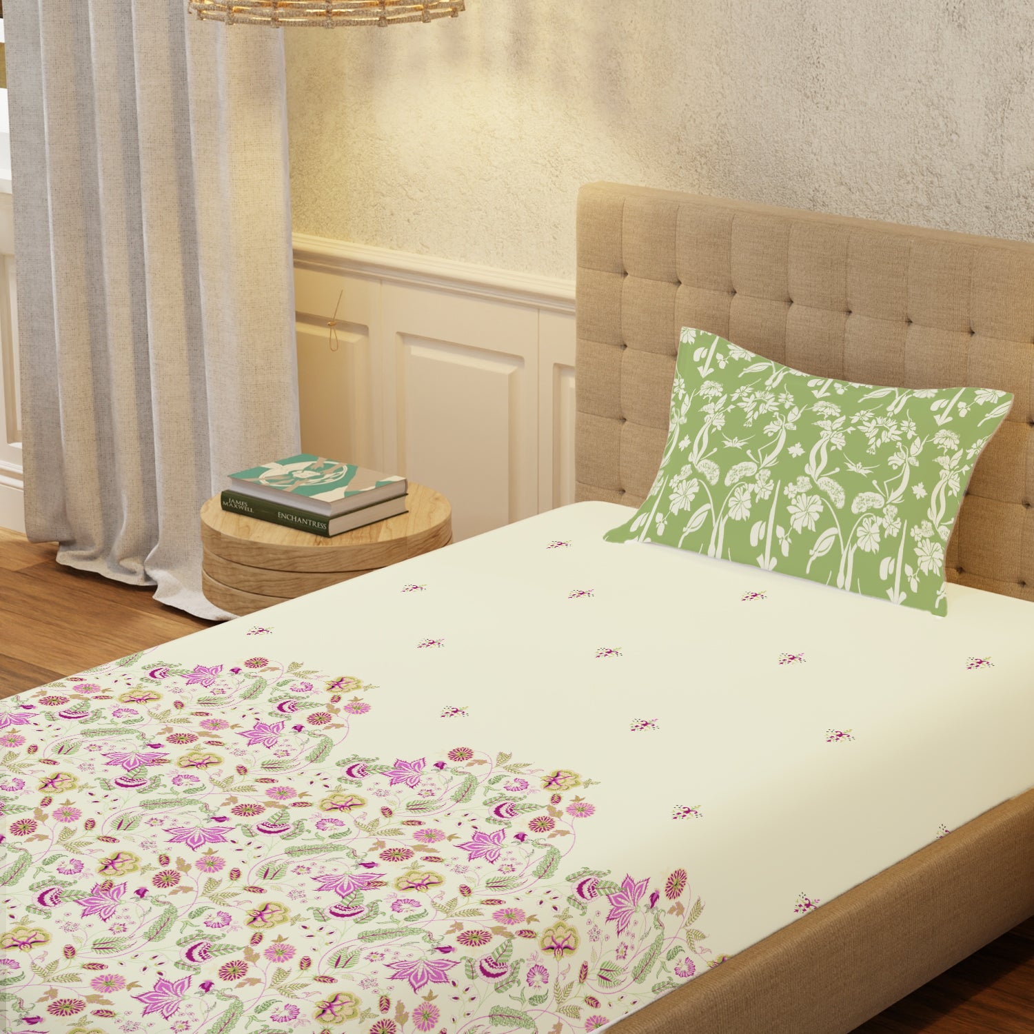 Serene 200 TC 100% Cotton Single Bedsheet with Pillow Covers - Vine Gardens Sage Green