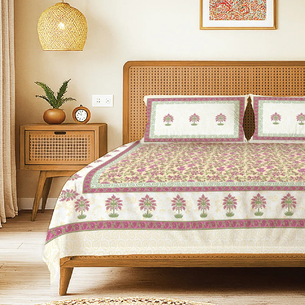 Rajasthani Ethnic 100% Cotton Bedsheet with 2 Pillow Covers, Double & King Bed - Noor Mahal Yellow