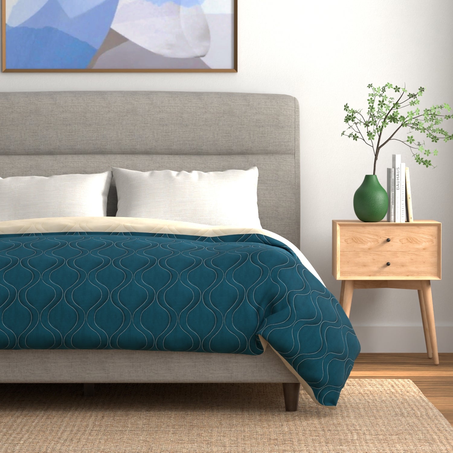 Brushed Microfiber All Season Reversible Quilted Blanket, Ideal For AC Rooms - Teal & Beige