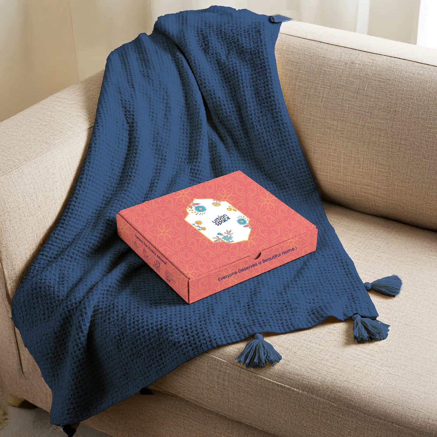 Lifestyle Throw for Couch and Travel, 100% Cotton, in Gift Box - Navy Blue