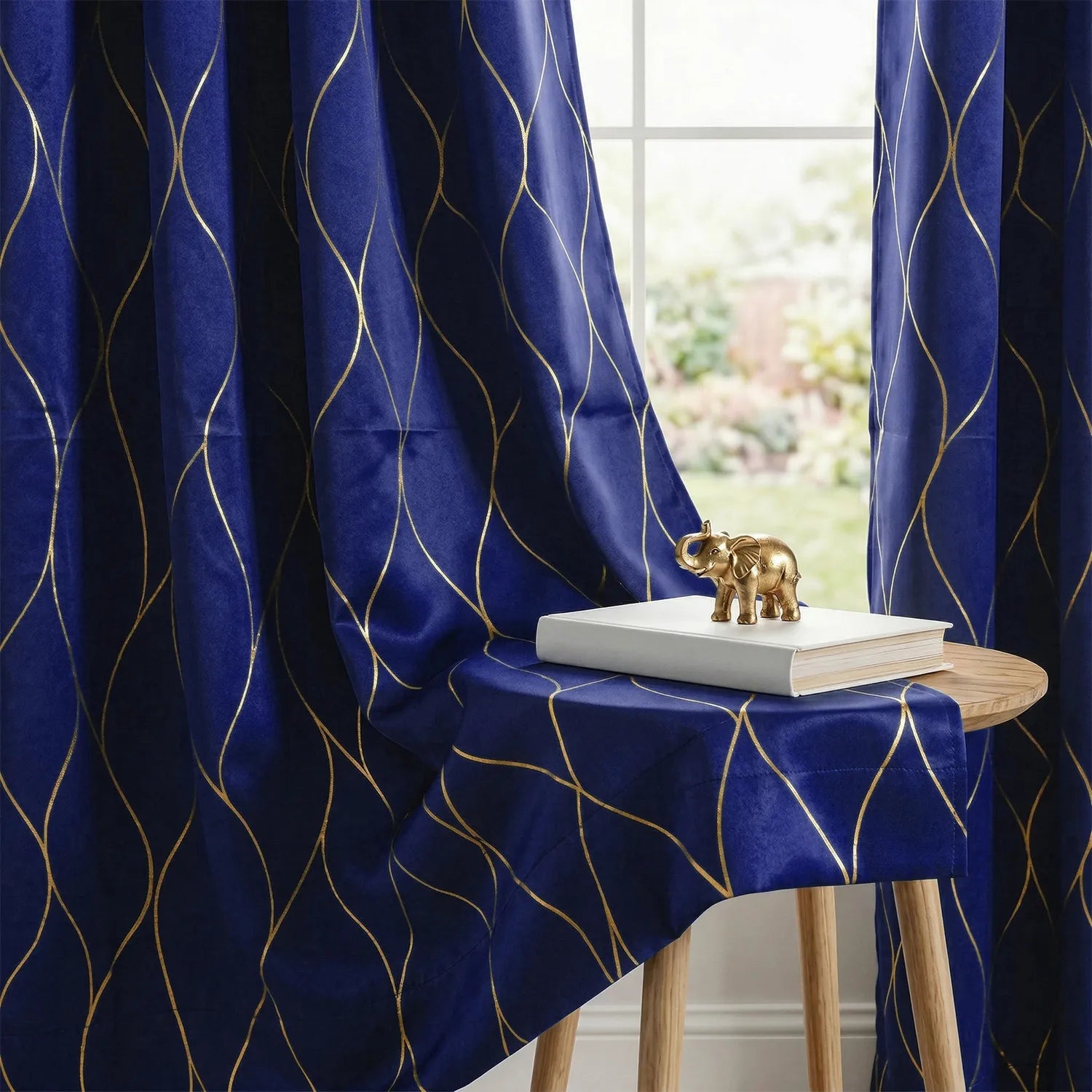 Gold Foil Printed 80-85% Blackout Curtains - Pack of 1 Curtain - Wave - Navy Blue