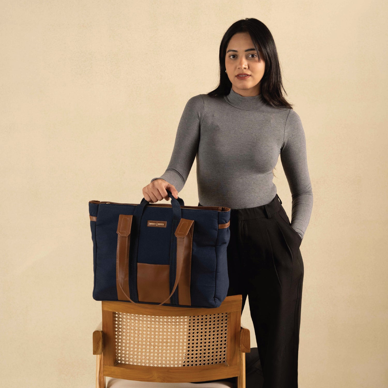 The Atelier - Natural Canvas Tote Bags for Office, Navy Blue