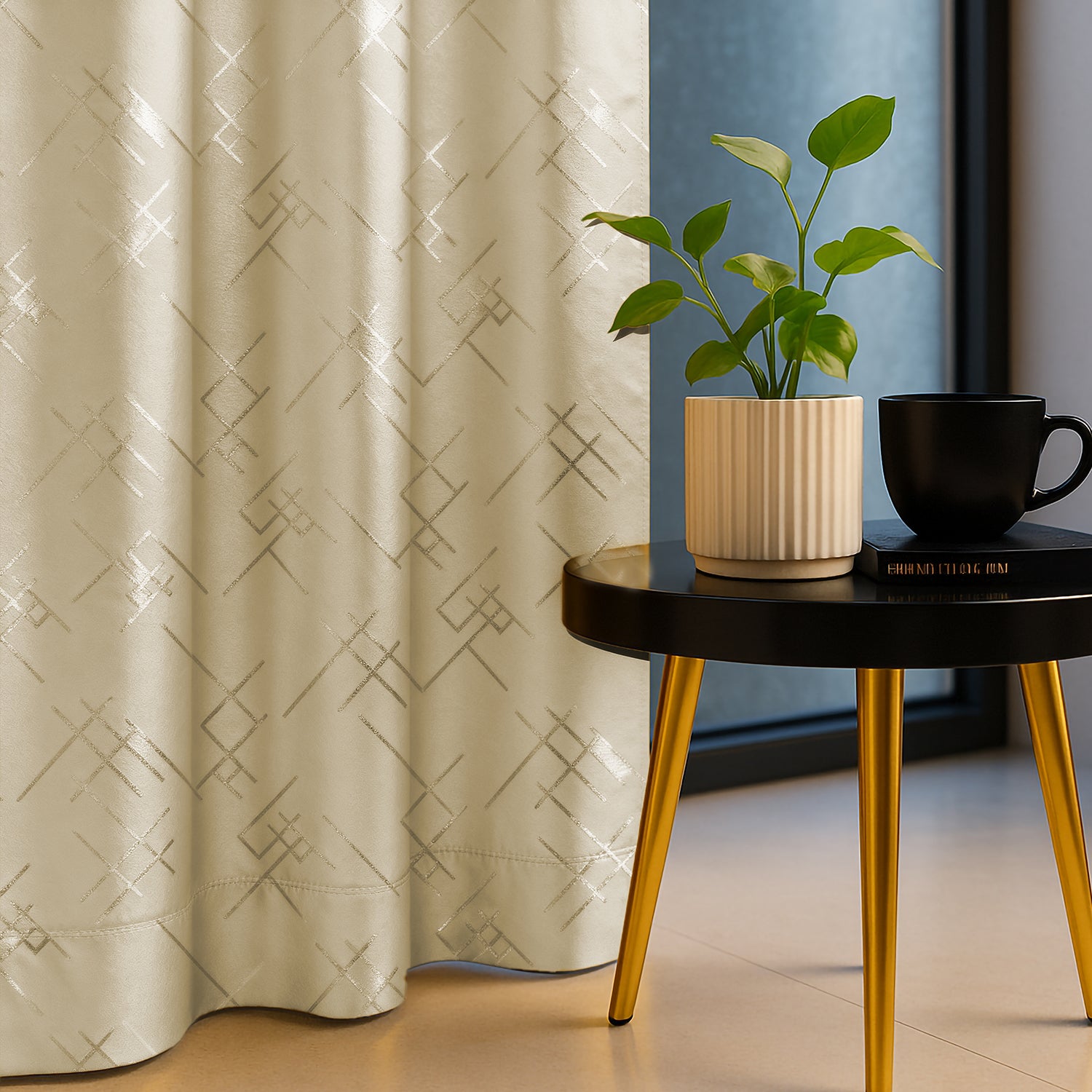 Criss Cross Beige Metallic Foil Printed 100% Blackout Curtain – Pack of 1