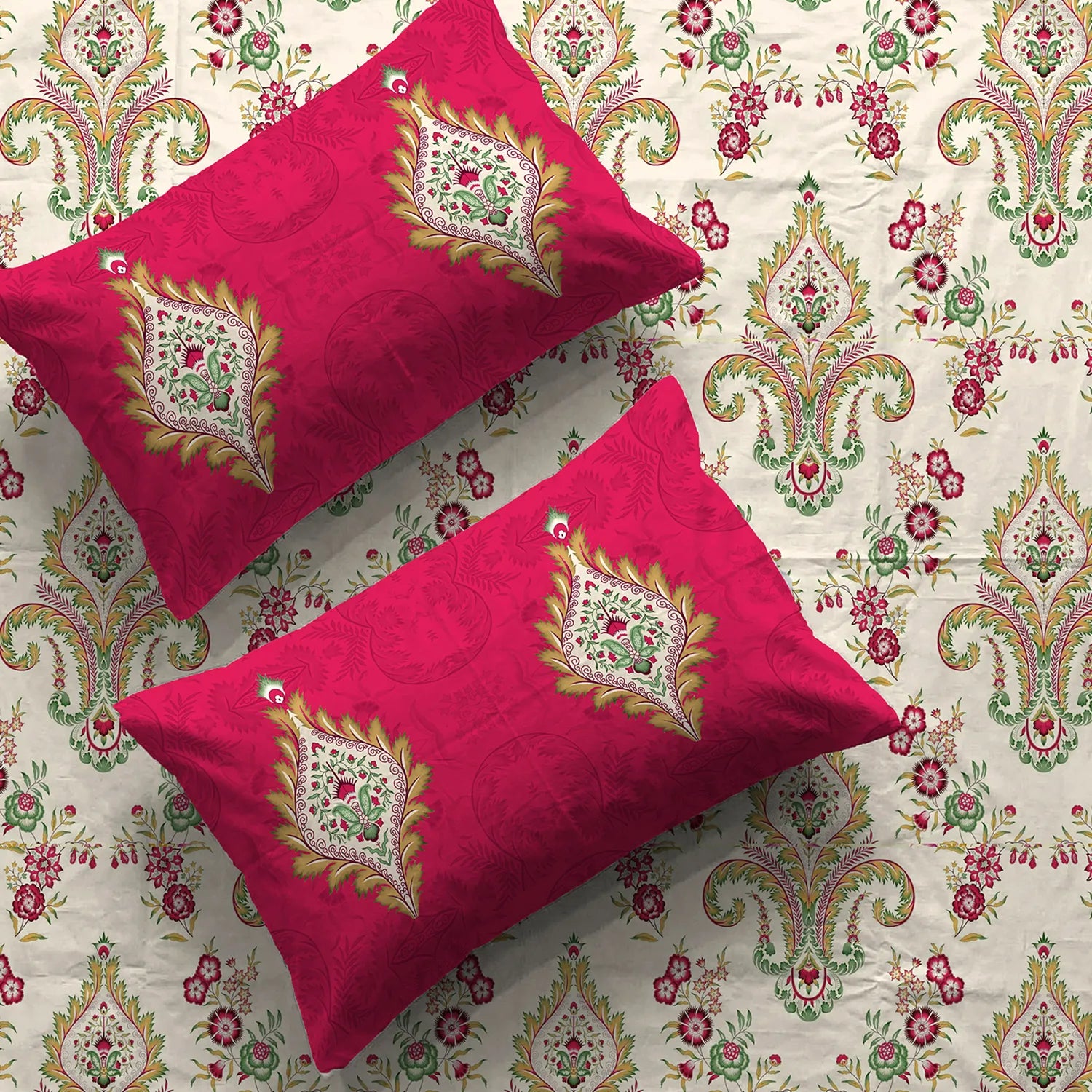 Divine Collection - Cotton Bedsheet With 2 Pillow Covers, Motif Red