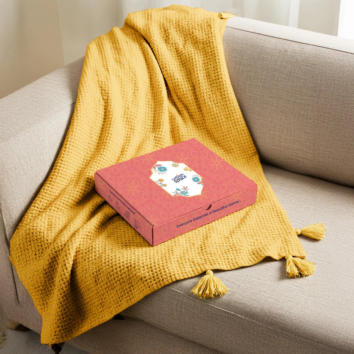 Lifestyle Throw for Couch and Travel, 100% Cotton, in Gift Box - Mustard