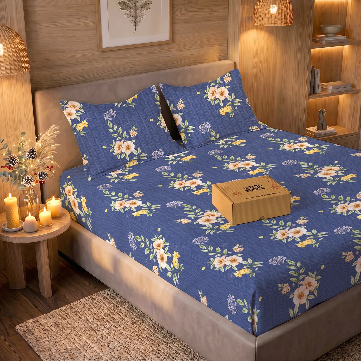 200 TC Glaced Cotton Microfiber Bedsheet in Giftbox with Pillow Covers - Twilight Blooms