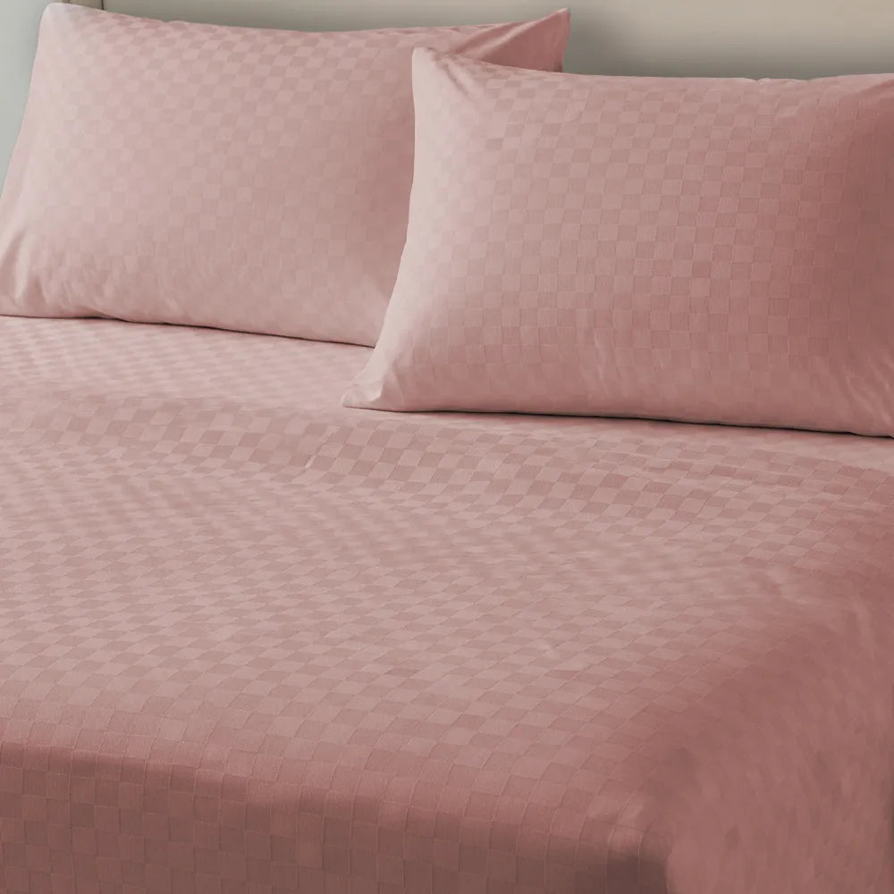 Fitted King Size 300 TC Super Soft Bedsheet, Self Woven Cubes Design - Dusty Pink Cubes