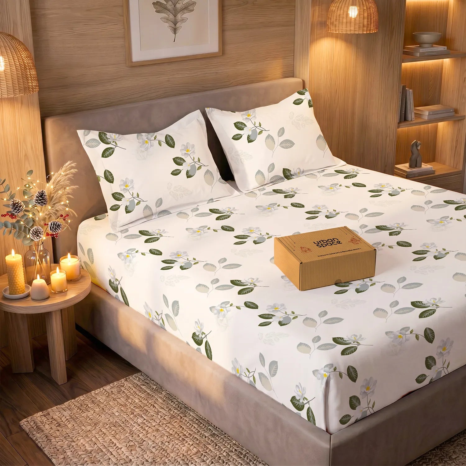 200 TC Glaced Cotton Microfiber Bedsheet in Giftbox with Pillow Covers - Tea Leaves
