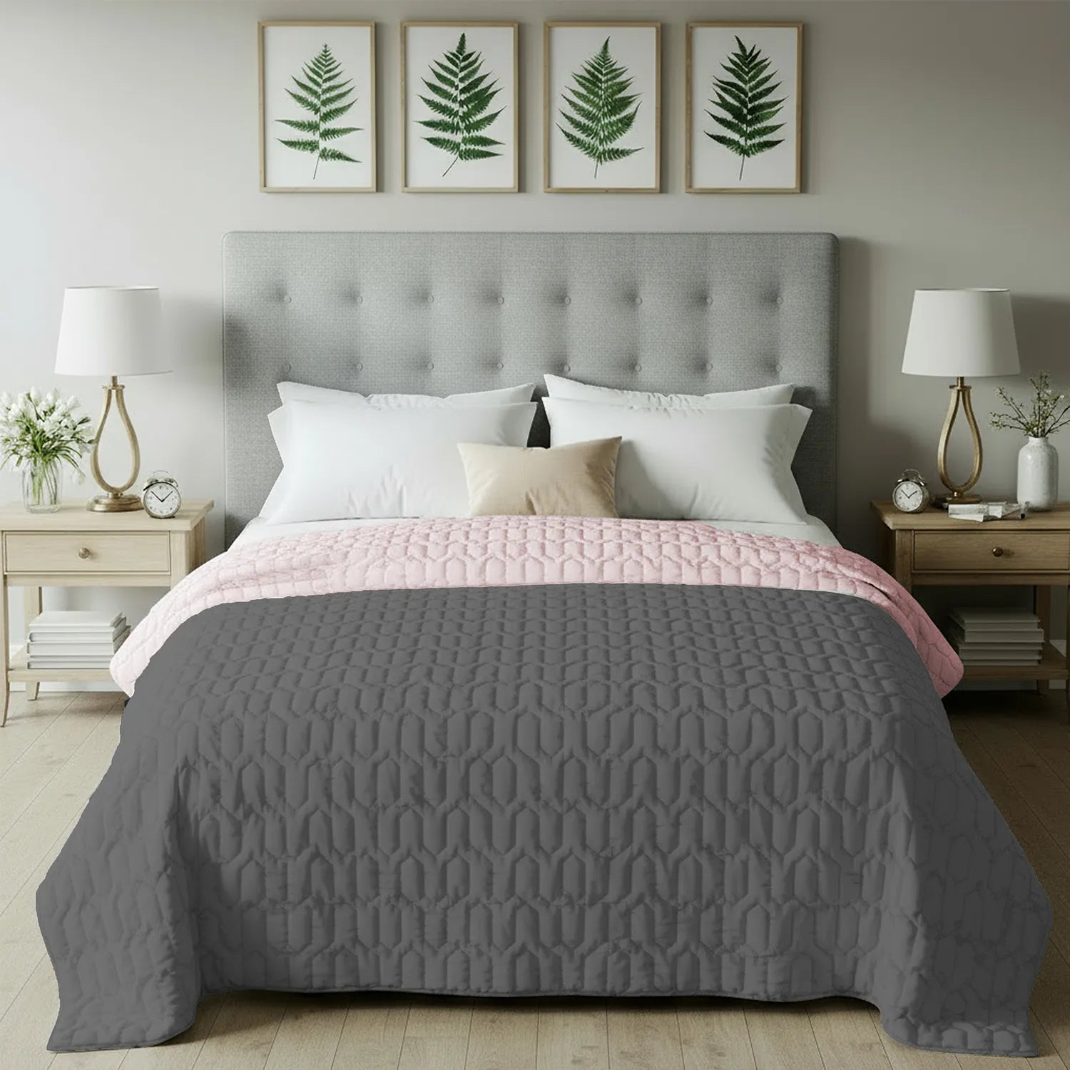 Fluffy & Heavy 200 GSM Microfiber Reversible Quilted Winter Comforters - Grey & Rose