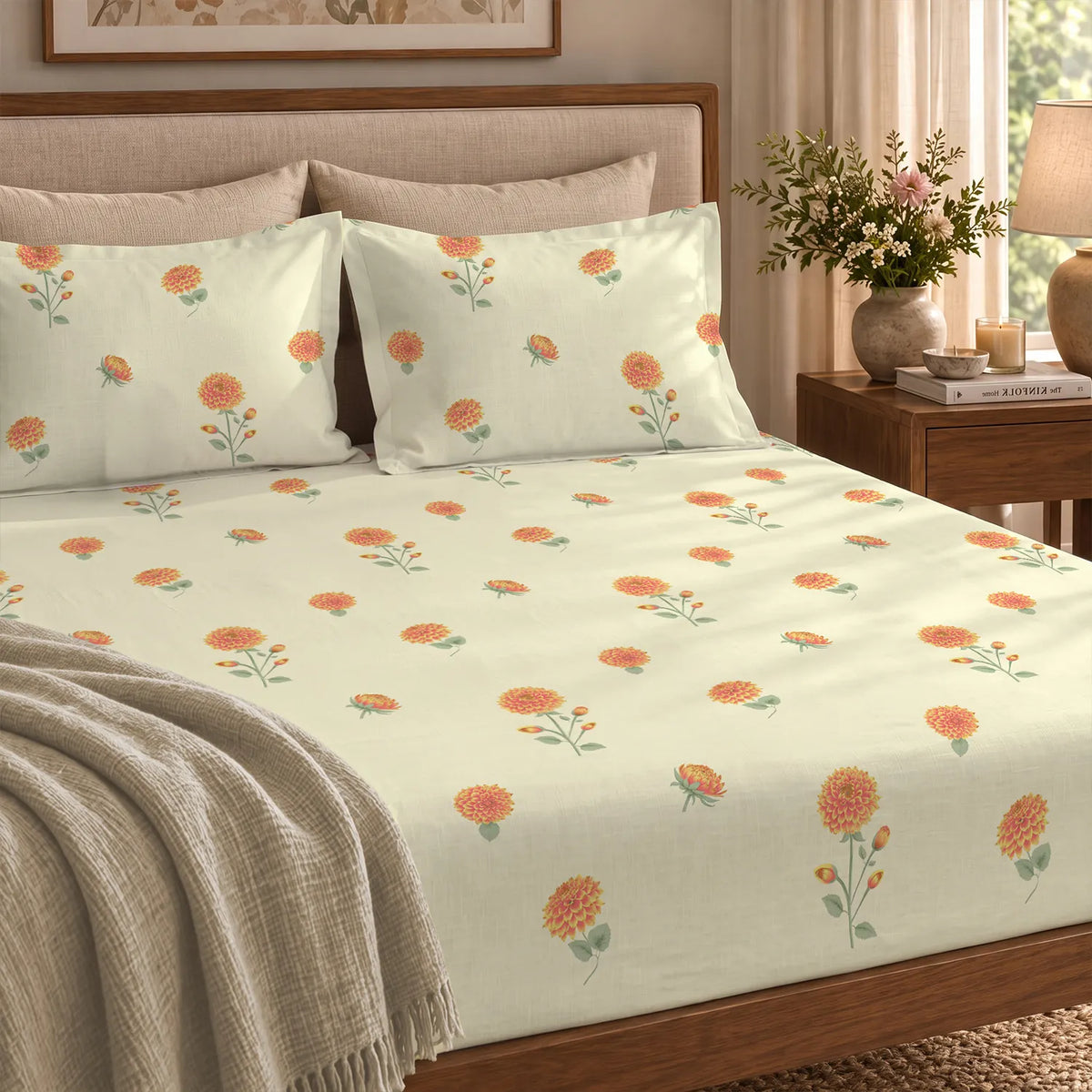 300 TC Cotton Percale Bedsheet with Pillow Covers - Postcard Home Peach