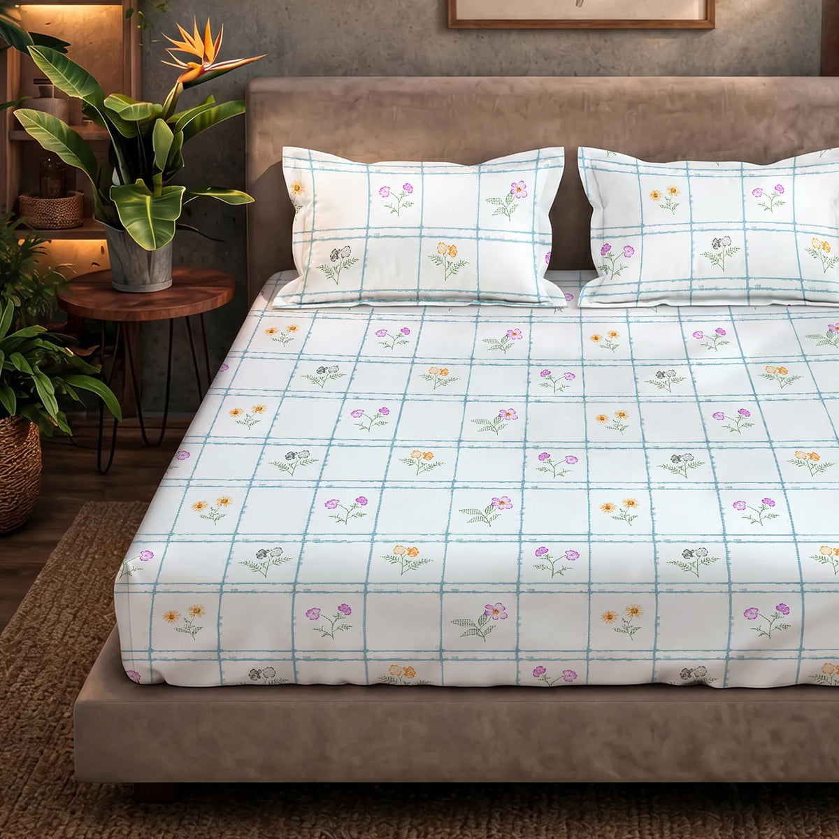 Serene 200 TC 100% Cotton Bedsheet with Pillow Covers - Petal & Pane Light Blue