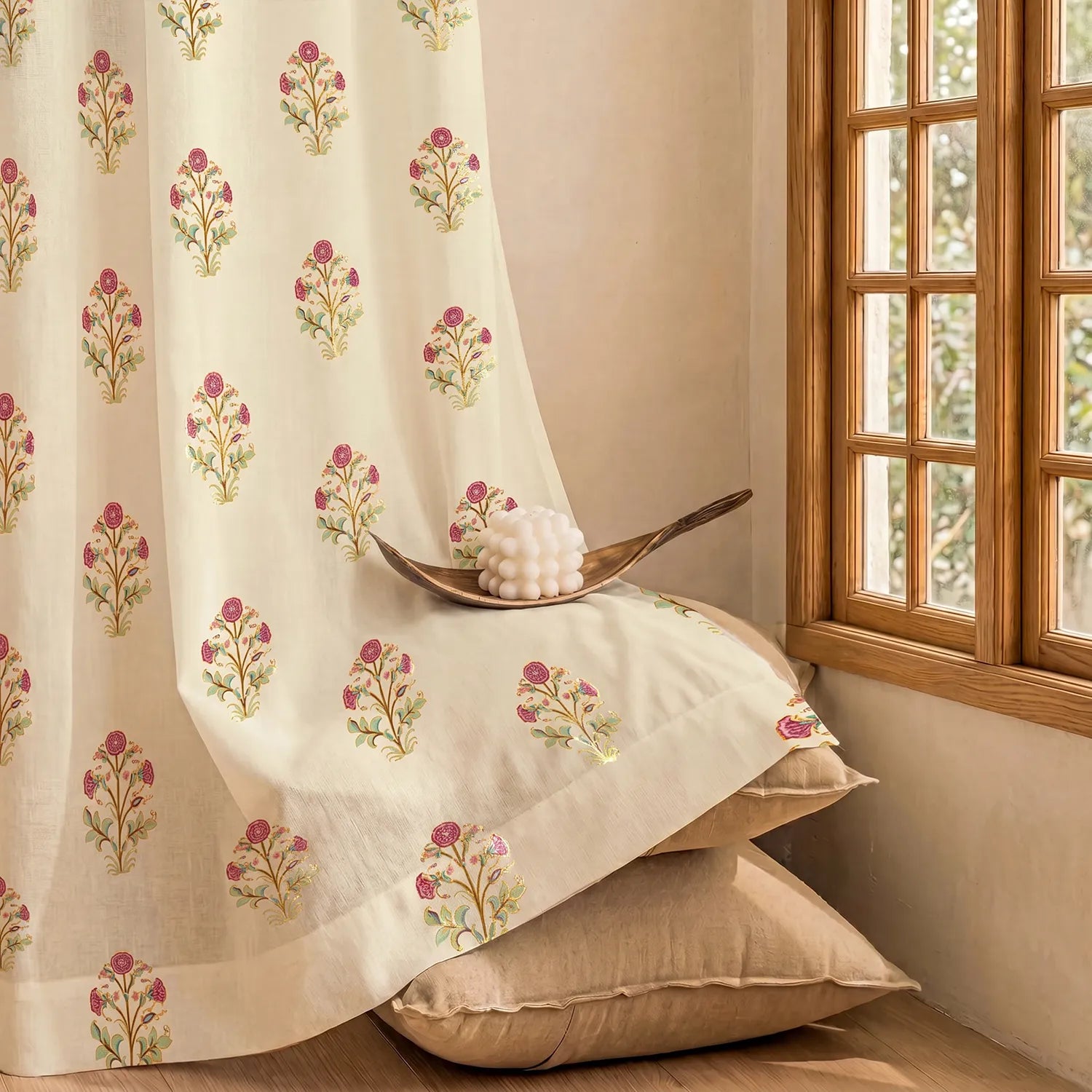 100% Cotton Gold Foil Curtains for Living Room, Bedroom curtains - Pack of 2 curtains, Zari Mohar Pink Gold