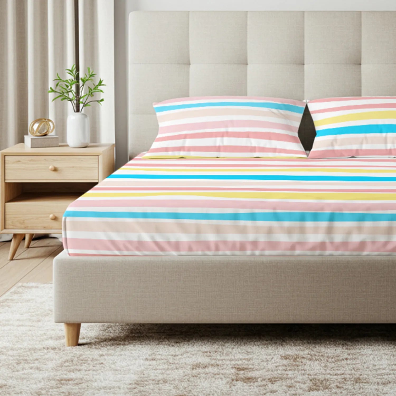 Serene Collection - Breathable 200 TC 100% Pure Cotton Bedsheet with Pillow Cover, MultiColour Stripes-Pastel