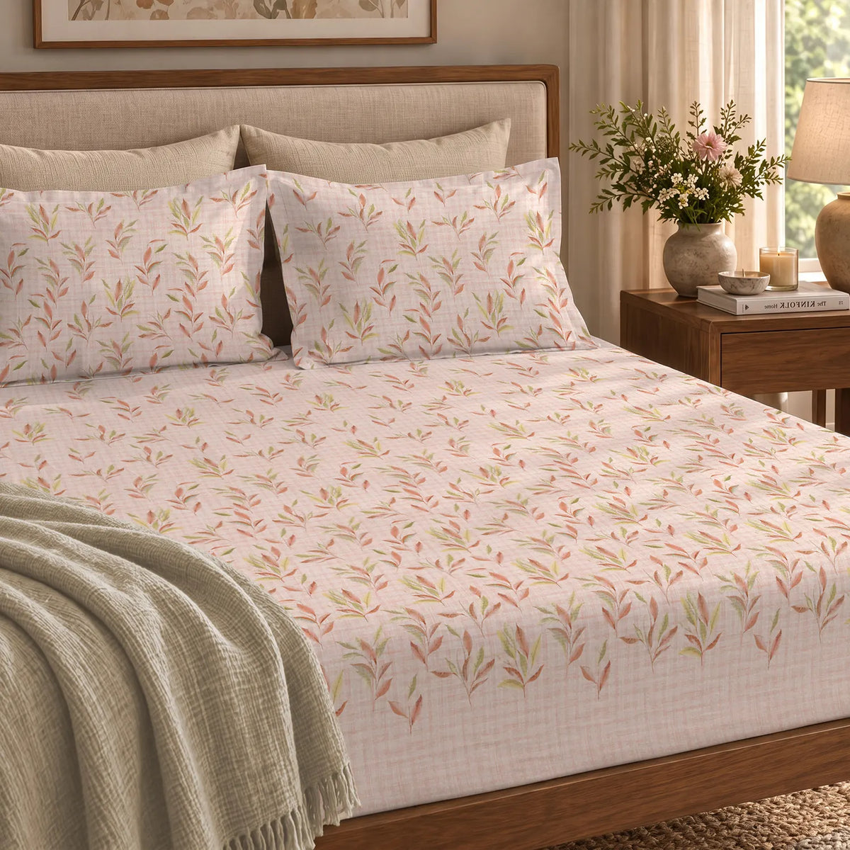 220 TC Cotton Percale Bedsheet with Pillow Covers - Balcony Peach