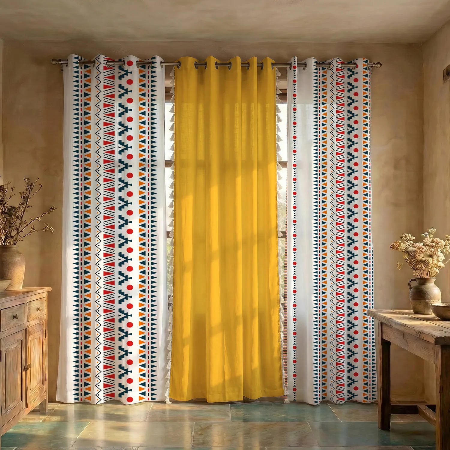 Cotton Curtains Combo, Set of 3 curtains, 60-65% Room Darkening Curtain - Ikat Orange & Aura Yellow