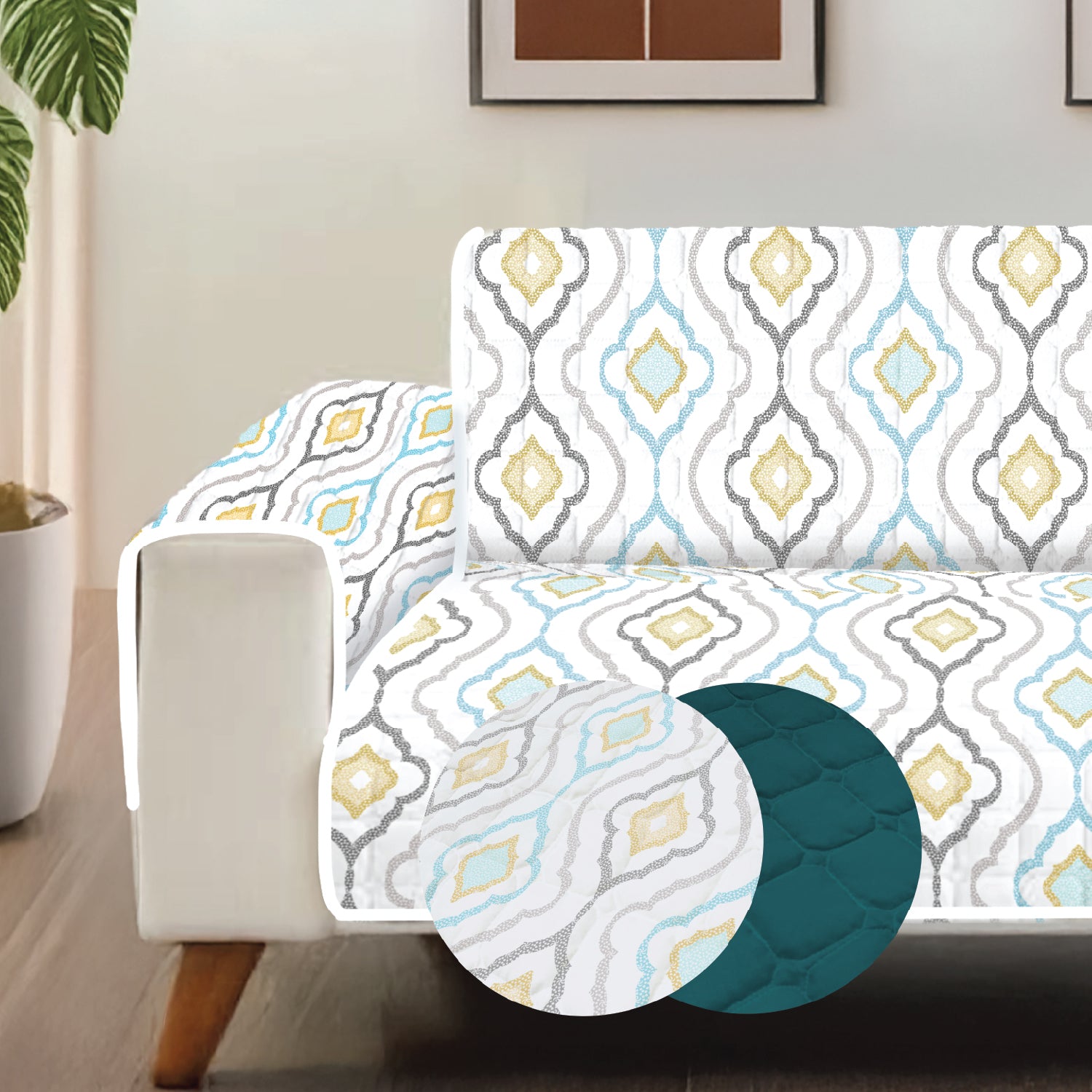 Quilted Printed Microfiber Sofa Cover, Comes With Side Pockets & Strap, Washable - Morocco
