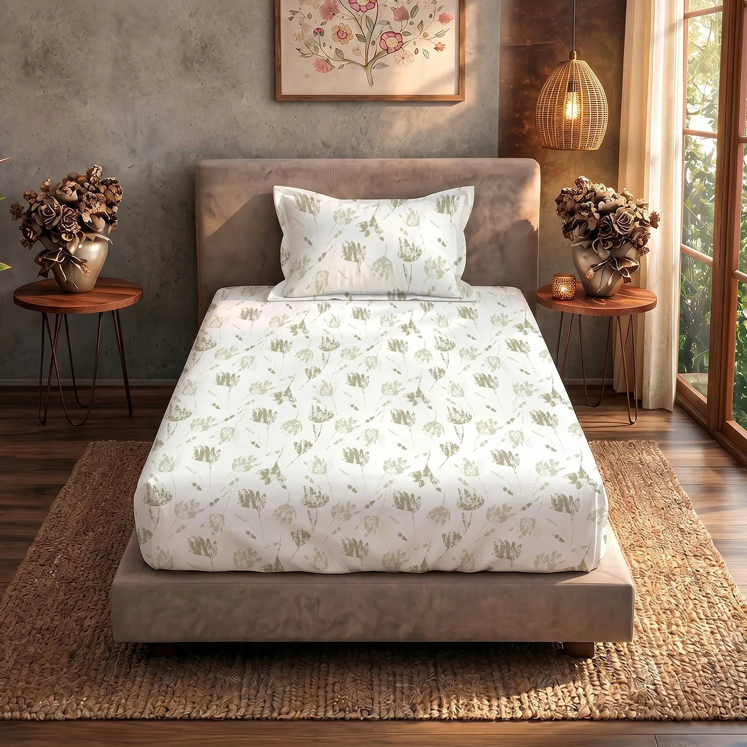 Serene 200 TC 100% Cotton Single Bedsheet with Pillow Covers - Frosted Tulips Olive Gray