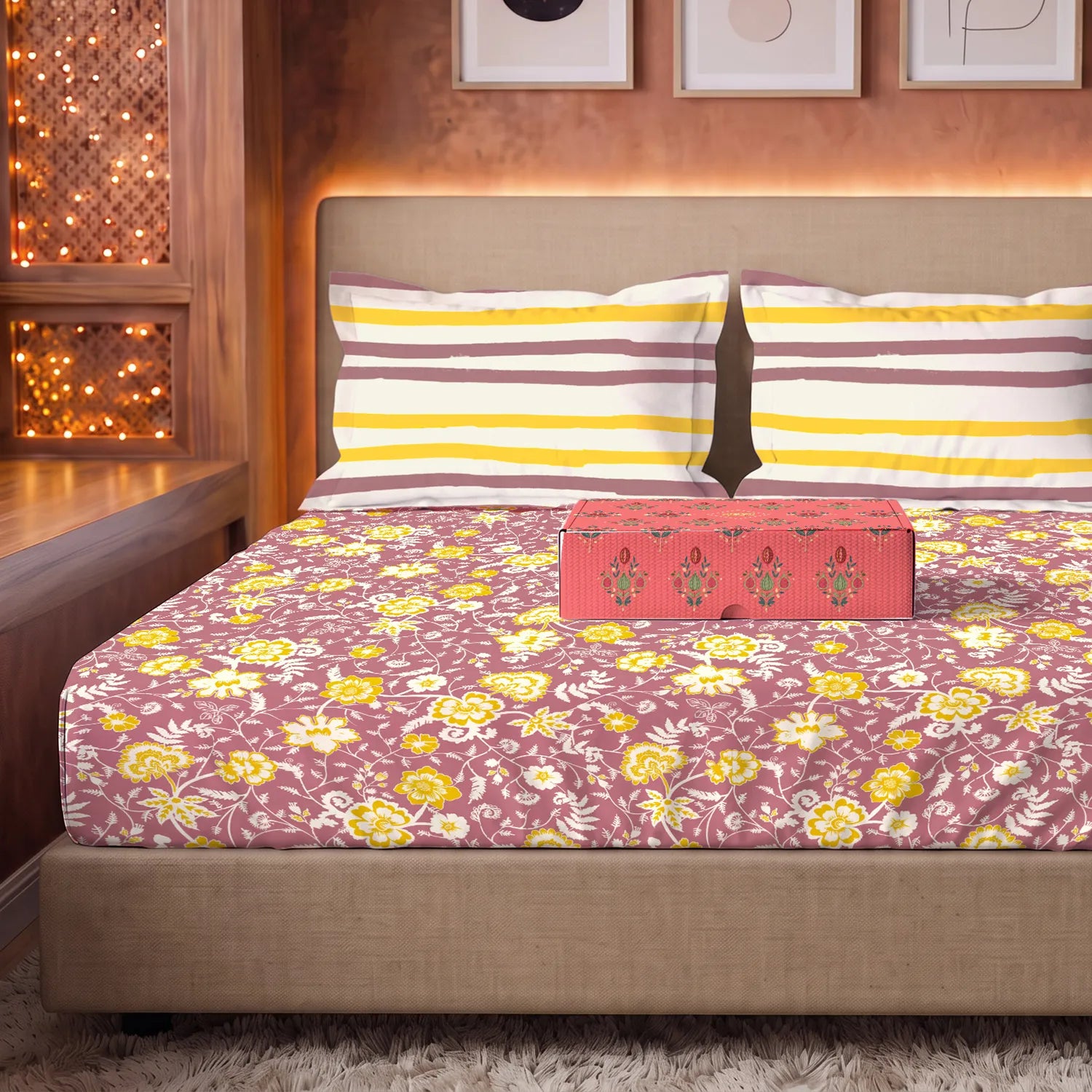 144 TC 100% Cotton Bedsheet Set in Gift Box - Viola Muddy Pink