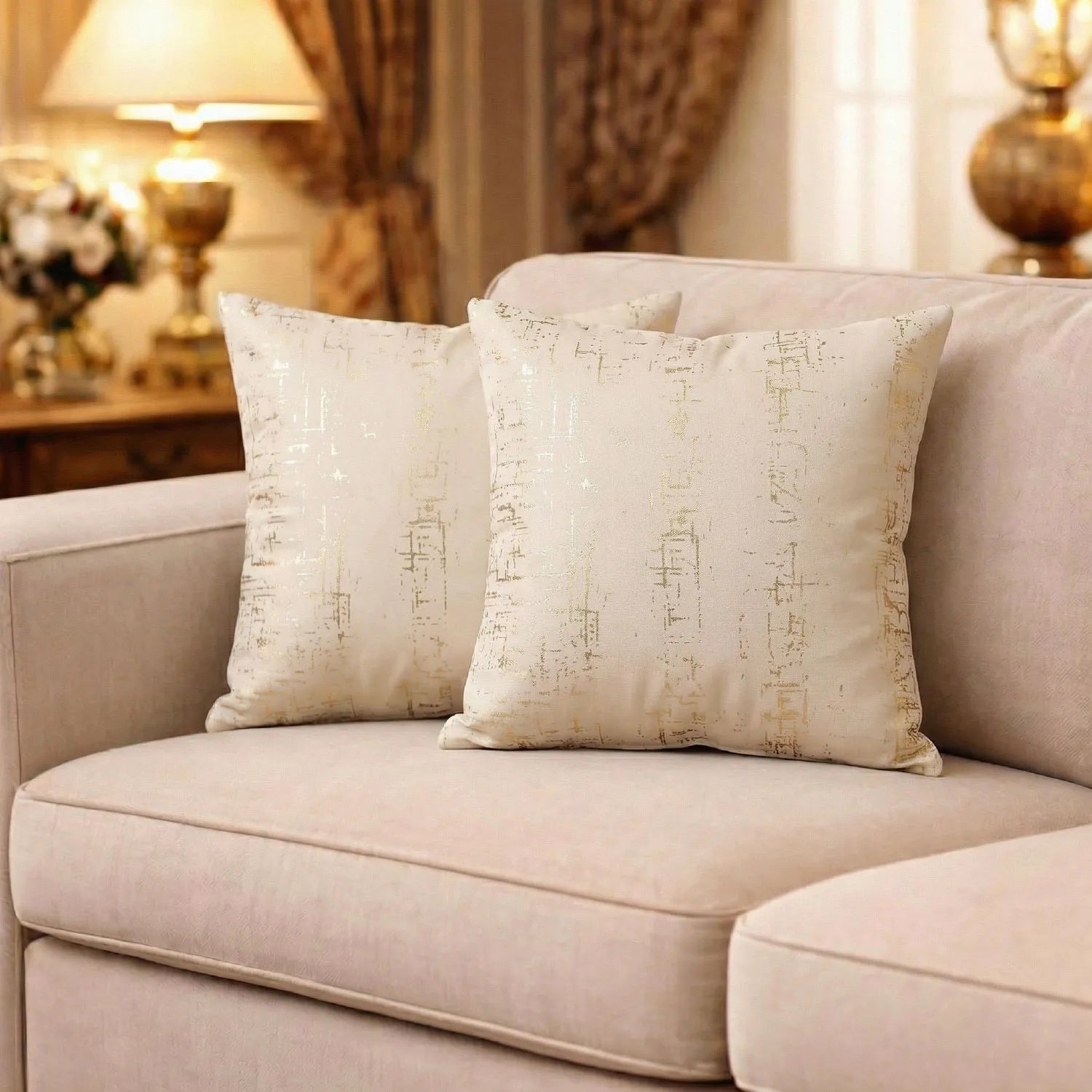 Decorative Gold Foil Cushion Cover, for Sofa, Bedroom, Living Room - Set of 2 - Sparkle Beige
