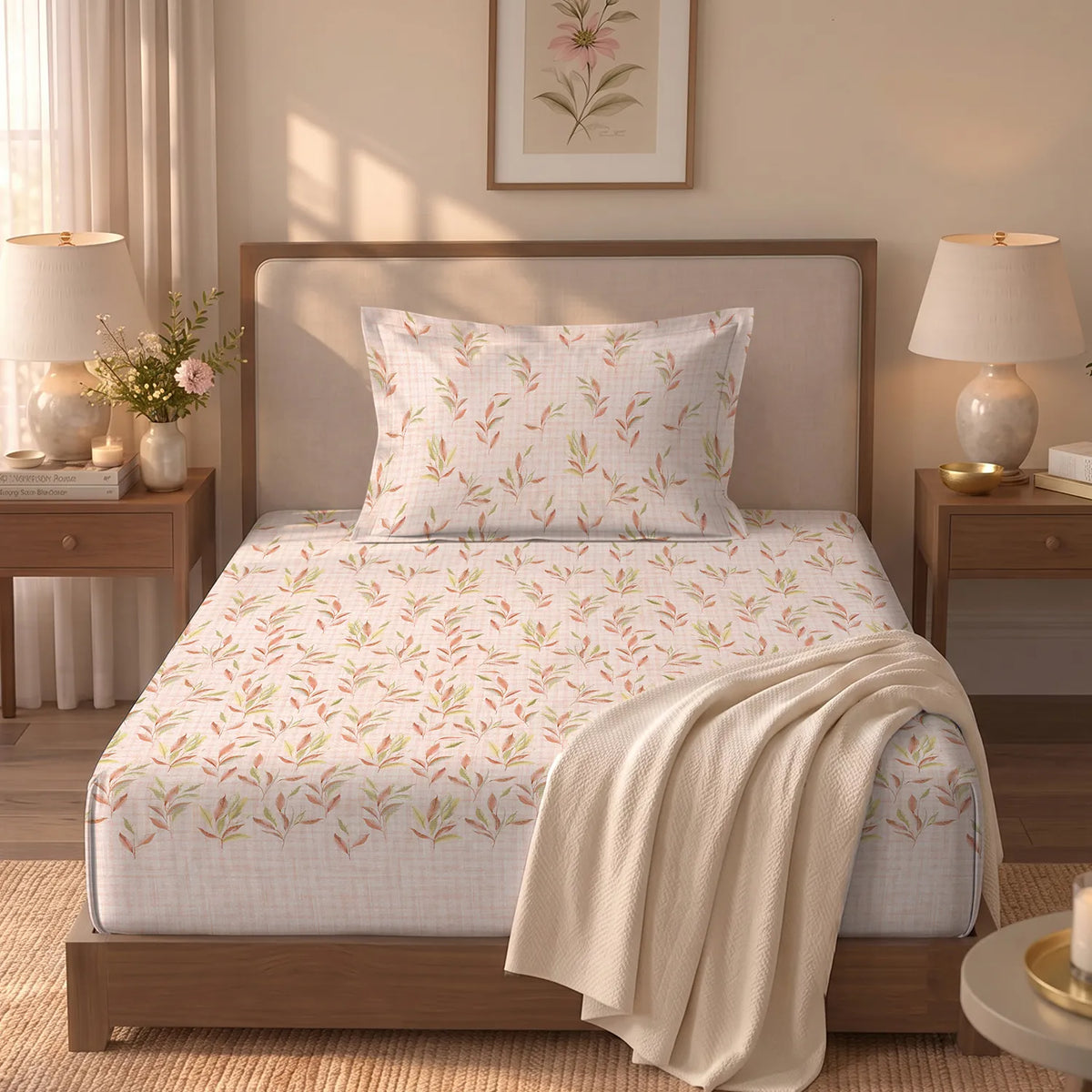 Serene 300 TC 100% Cotton Single Bedsheet with Pillow Covers - Balcony Peach