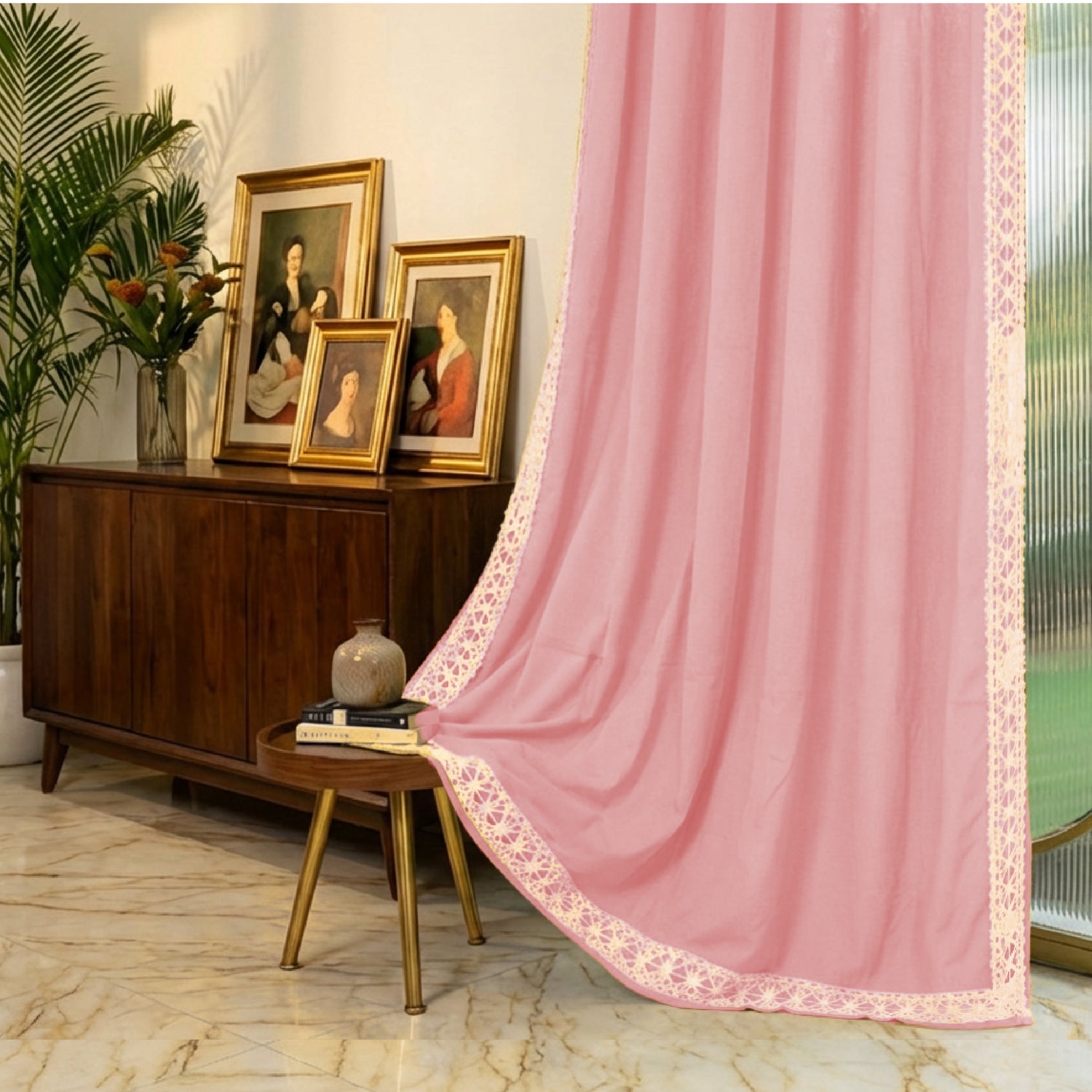 Premium 100% Cotton Curtain for Window & Curtains for Door with Lace Trim - Pack of 1, Aura Dusty Pink