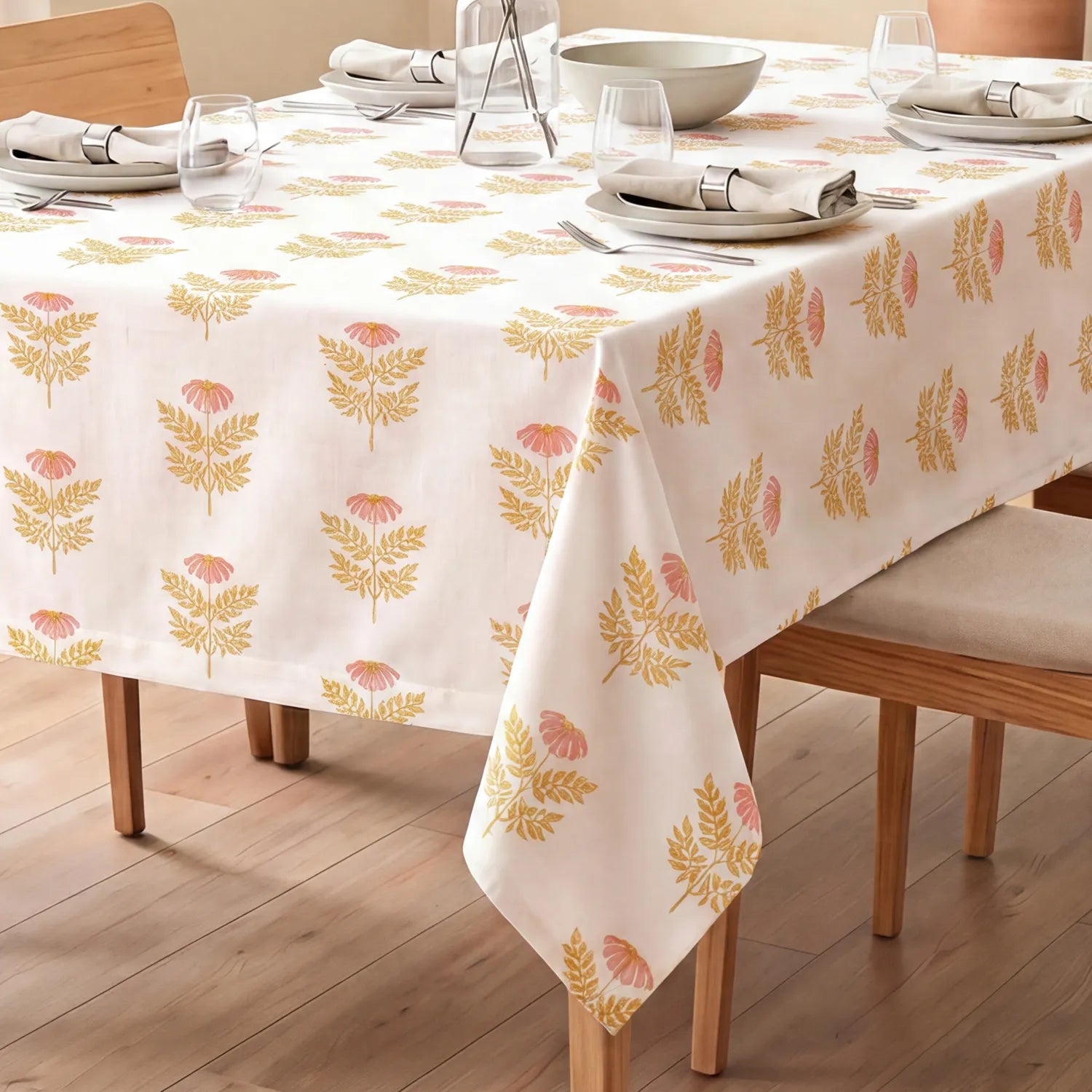 100% Printed Cotton Dining Table Cover for 4 & 6 Seater - Amara Peach