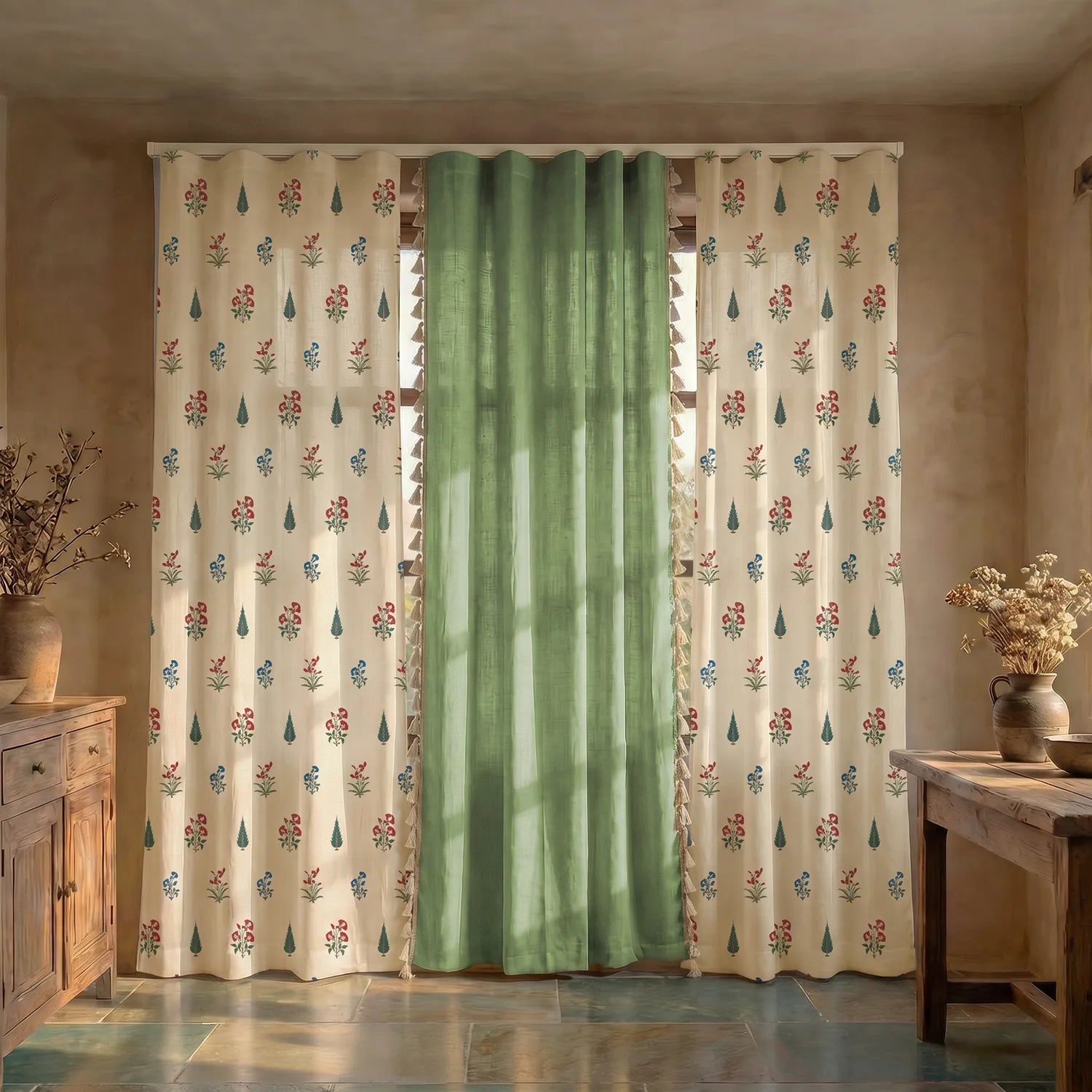 Cotton Curtains Combo, Set of 3 curtains, 60-65% Room Darkening Curtain - High Garden Red & Aura Green