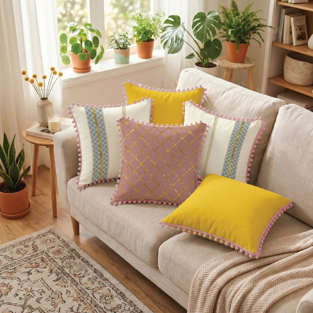 Foil Printed Cotton Cushion Covers, Throw Pillow for Couch - Zari & Aura Yellow