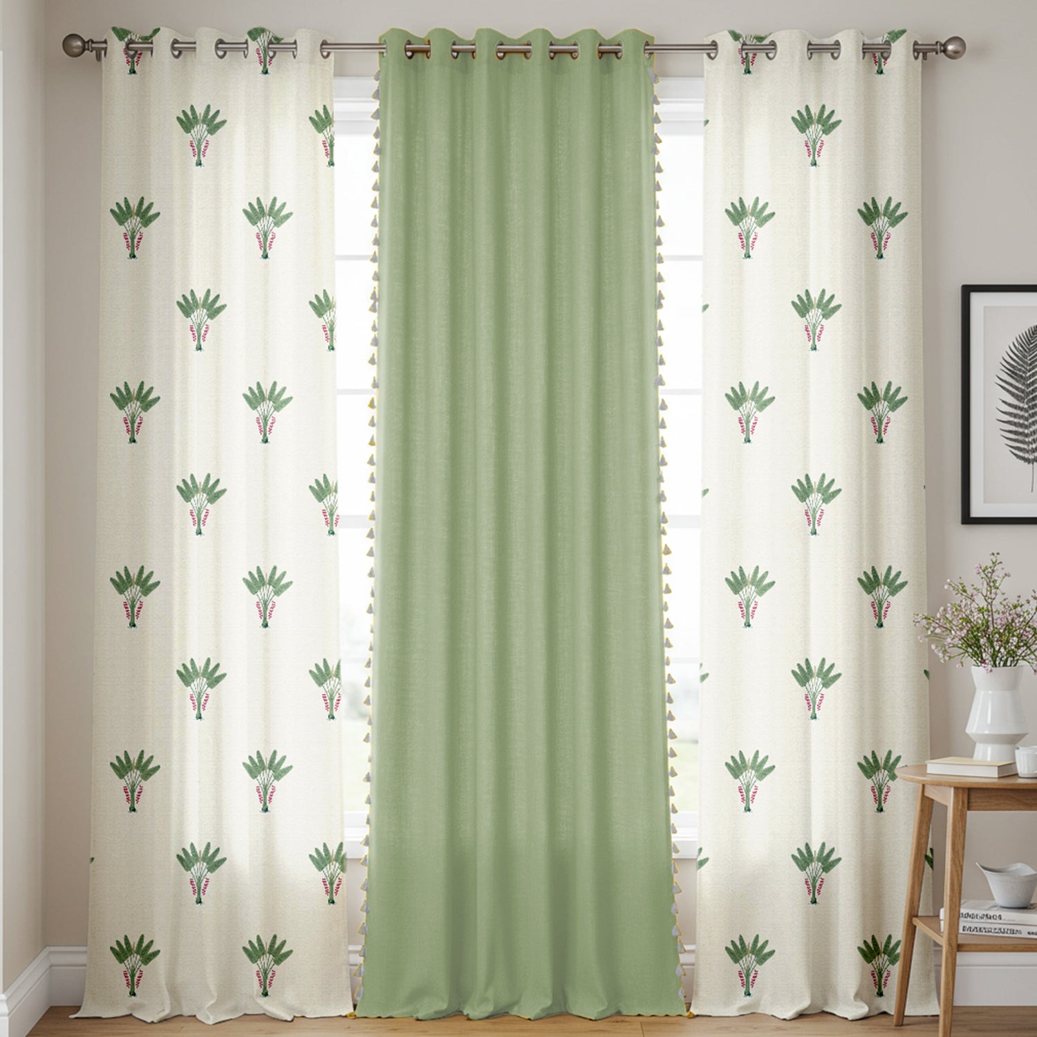 Cotton Curtains Combo, Set of 3 curtains, 60-65% Room Darkening Curtain - Palm Lagoon Green & Aura Green