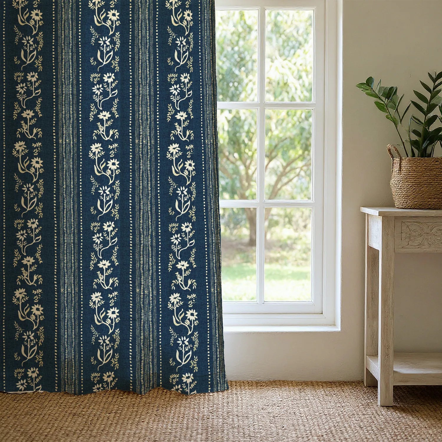 100% Cotton Curtains for Living Room, Bedroom curtains - Pack of 2 curtains, Garden Trail Indigo