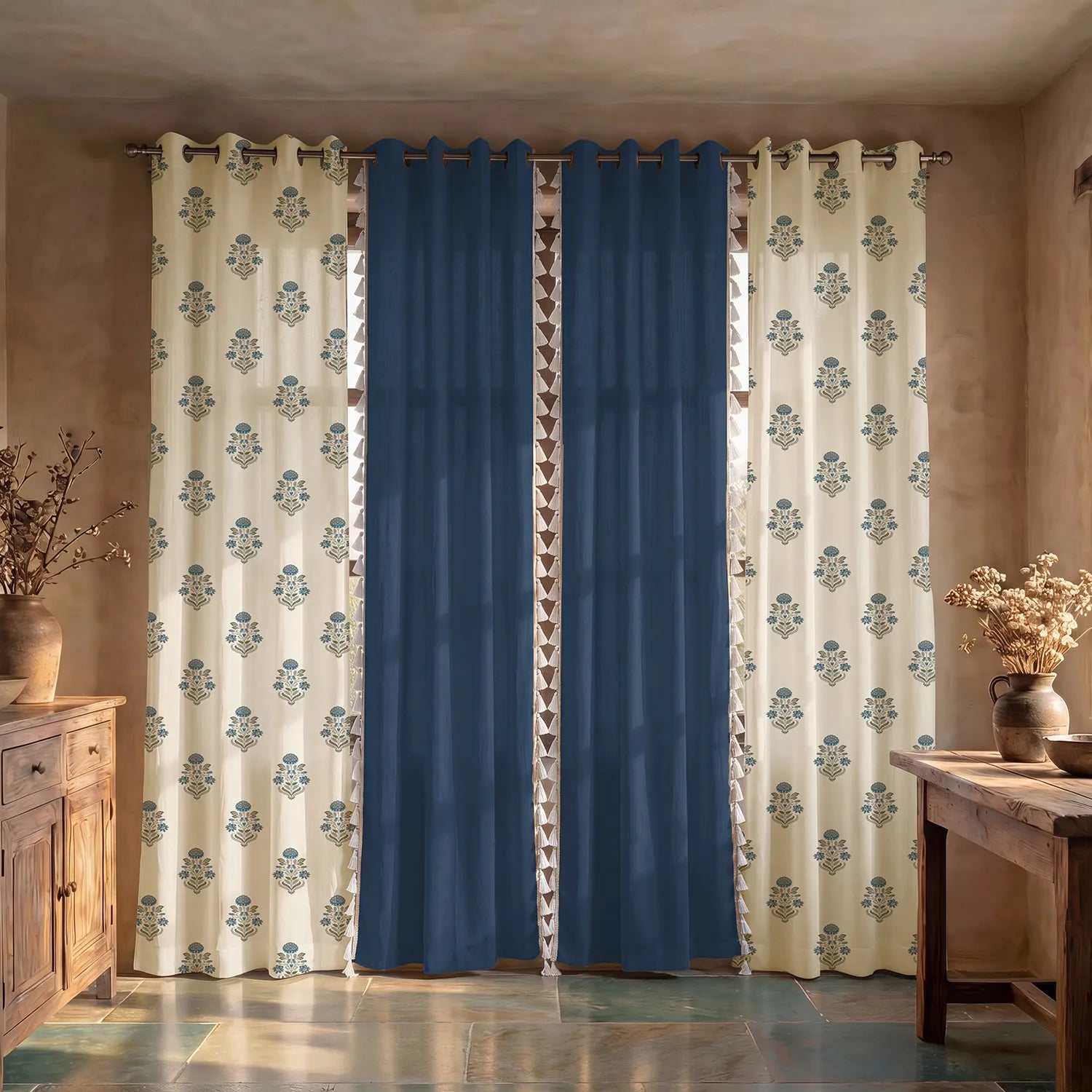 Cotton Curtains Combo, Set of 4 curtains, 60-65% Room Darkening Curtain - Liberty Blue & Aura Indigo