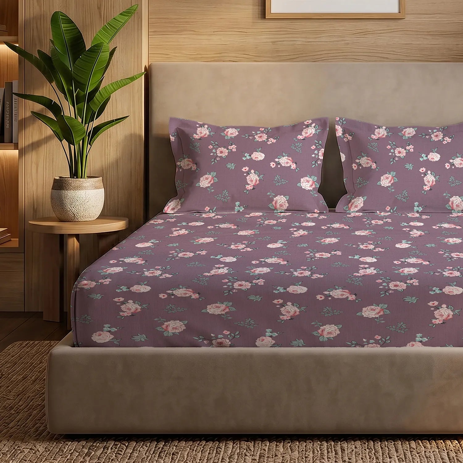 200 TC Glaced Cotton Microfiber Bedsheet with Pillow Covers - Moonlit Blooms