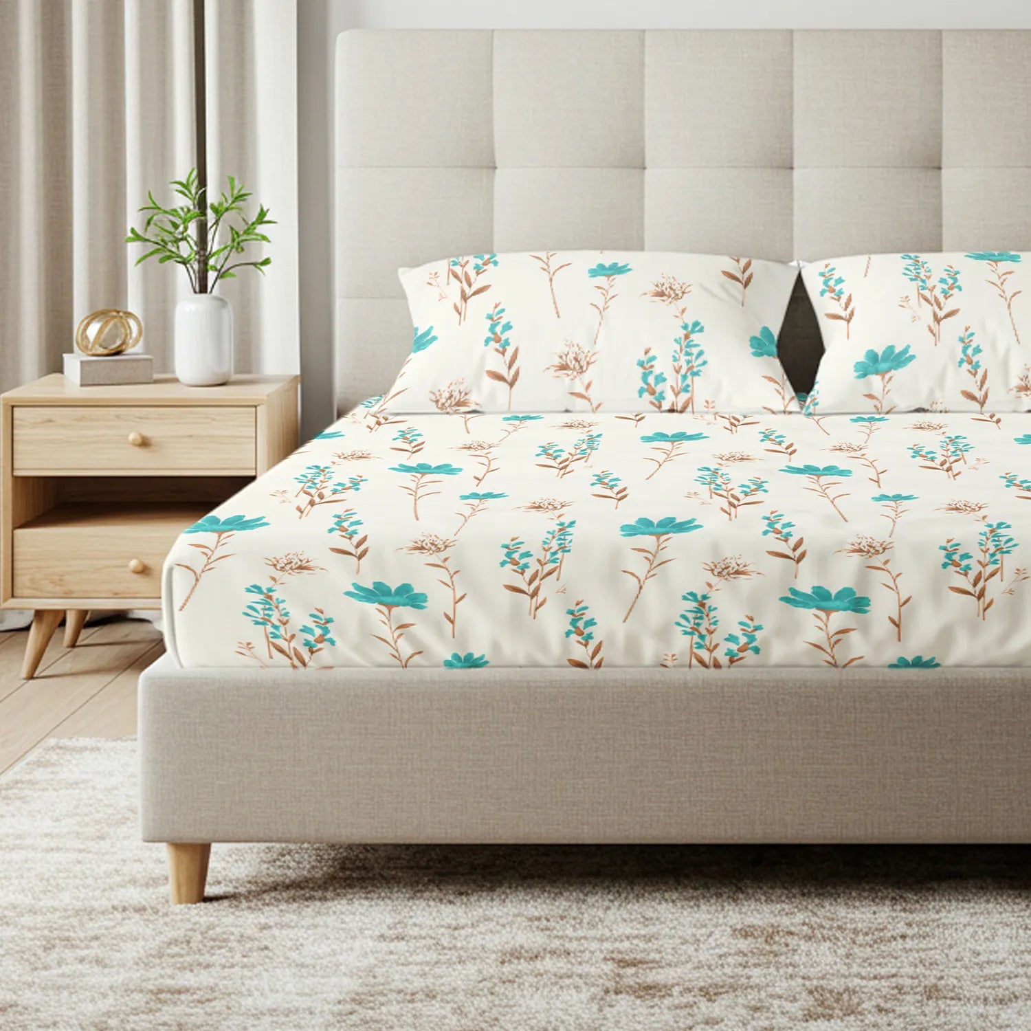 Fitted King Size Cotton Bedsheet - Orchid Blooms - Turquoise