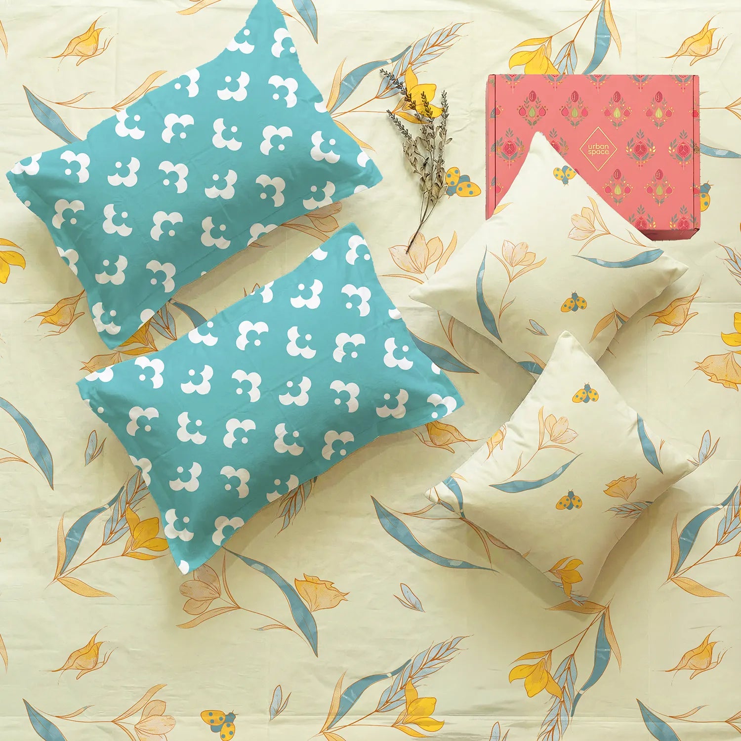 5 PC Cotton Bedsheet Set, Double/Queen Bedsheet in Giftbox- Sprinkle Buttercream
