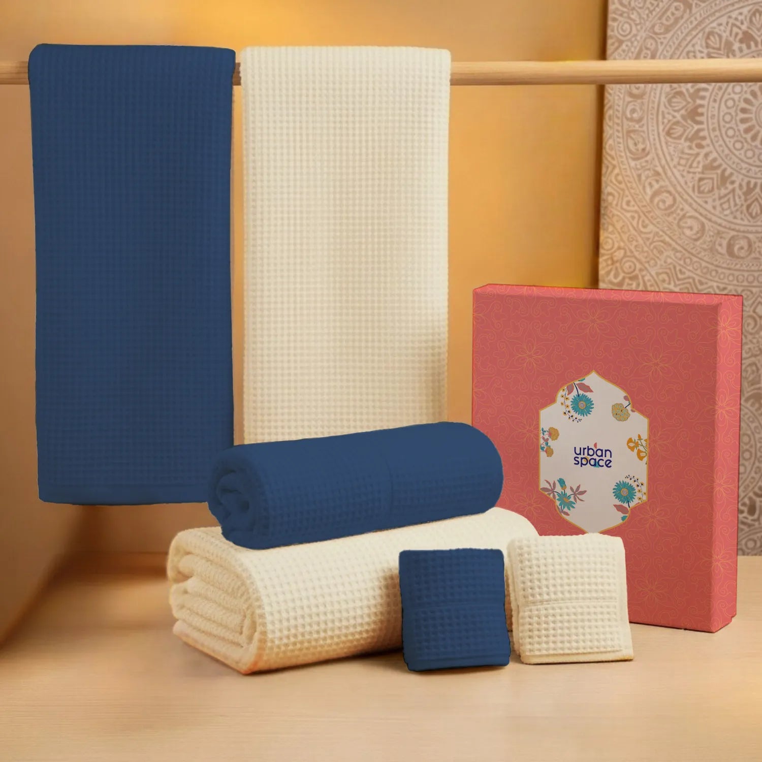 6-Piece Towel Set, Skin Friendly and Quick Dry, in Gift Box, Navy Blue & Beige