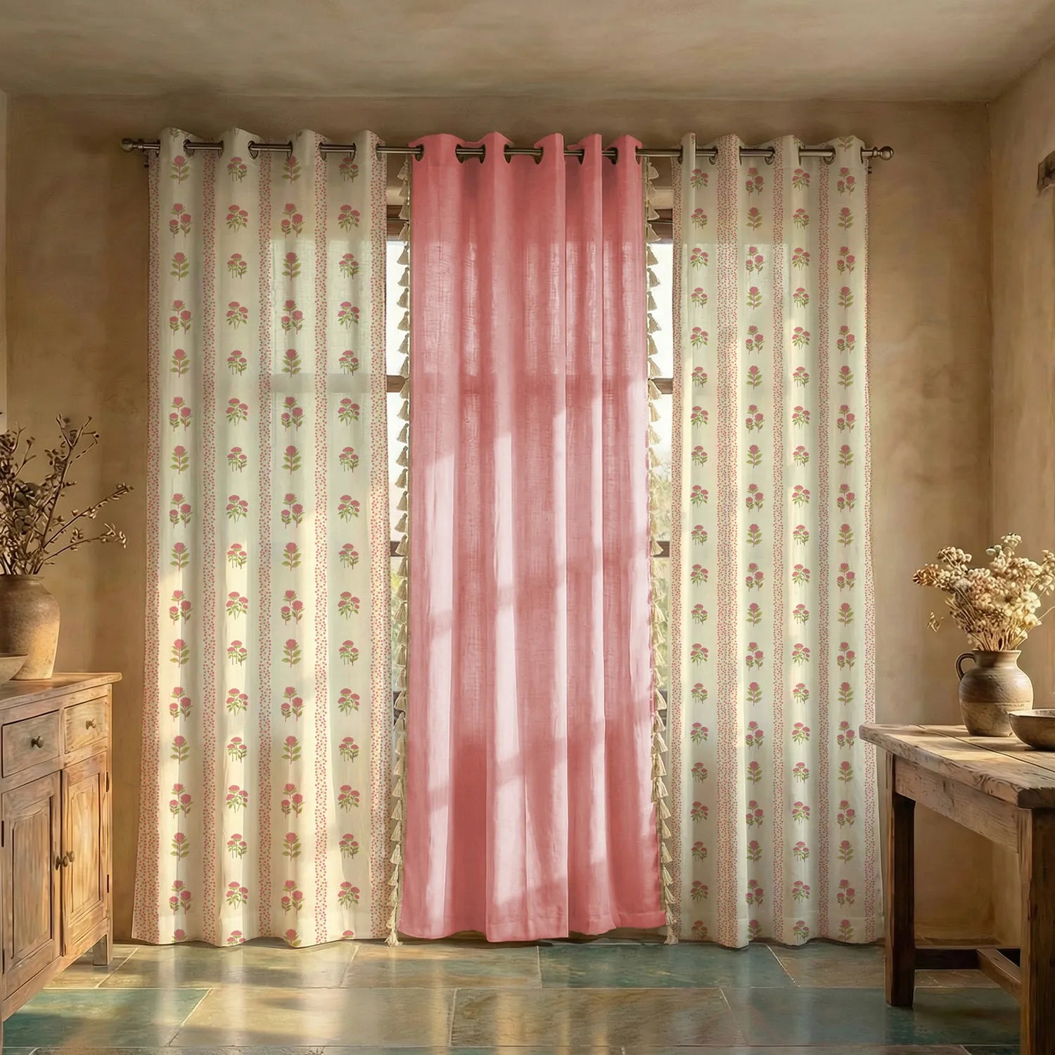 Cotton Curtains Combo, Set of 3 curtains, 60-65% Room Darkening Curtain - Grove Pink & Dusty Pink