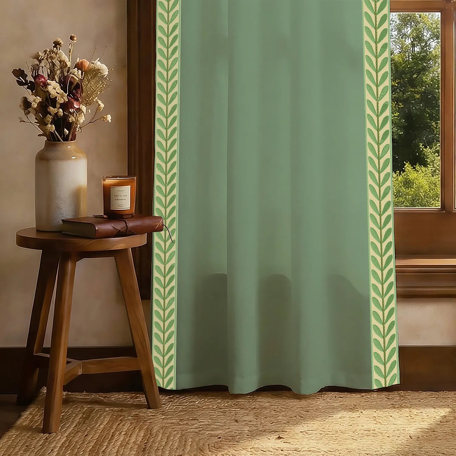 Premium 100% Cotton Curtain for Window & Curtains for Door with Lace Trim - Pack of 1, Sage Green - Leaves Lace Green