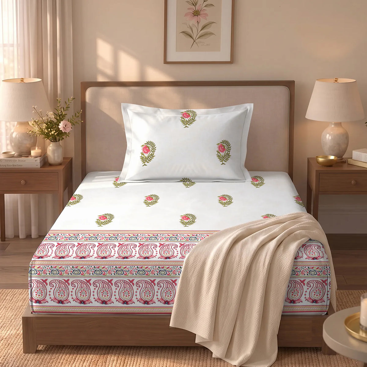 Serene 300 TC 100% Cotton Single Bedsheet with Pillow Covers - Ethnic Motif - Pink